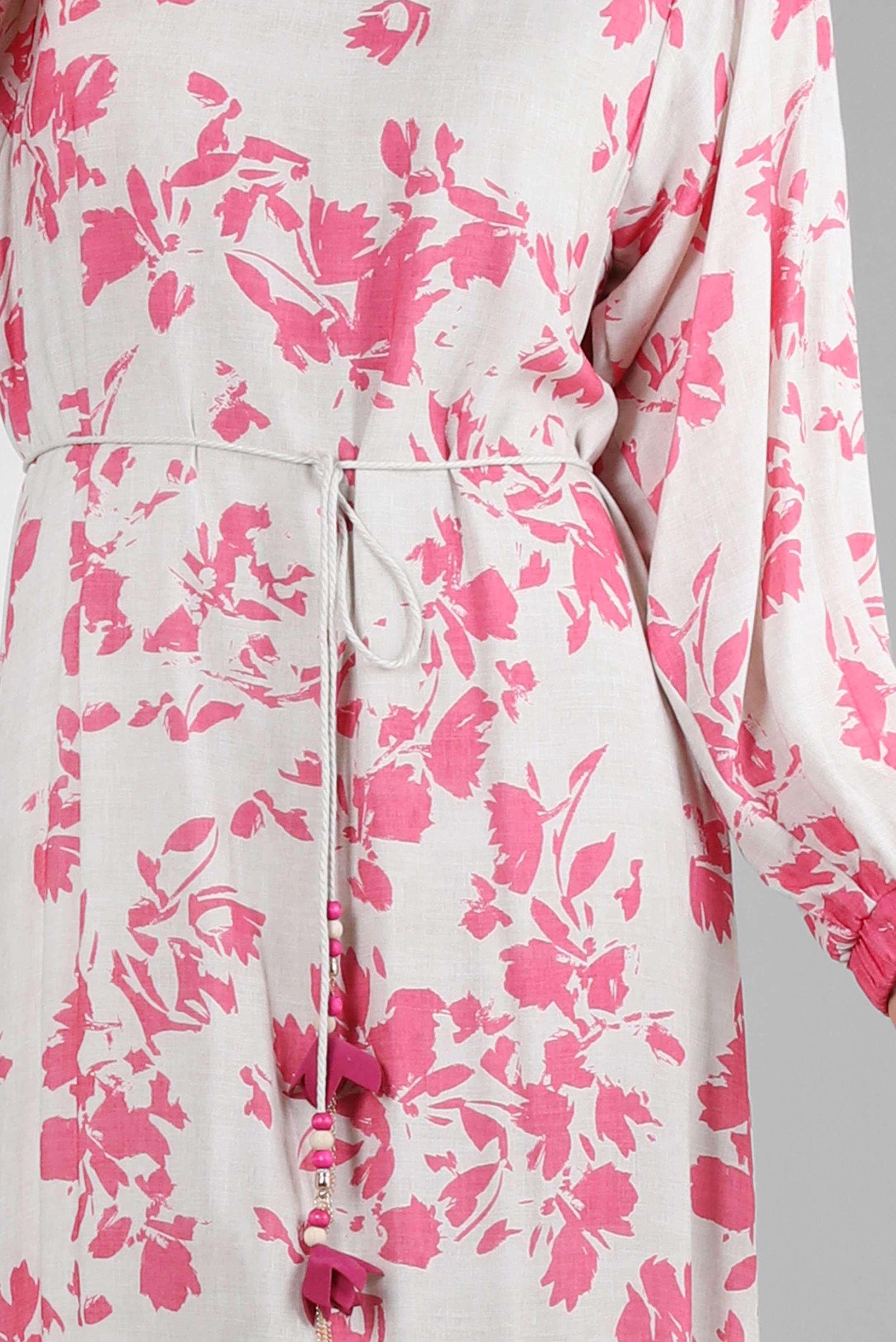 Tesettür giyim FUŞYA DESENLİ YARASA KOL ELBİSE 43754