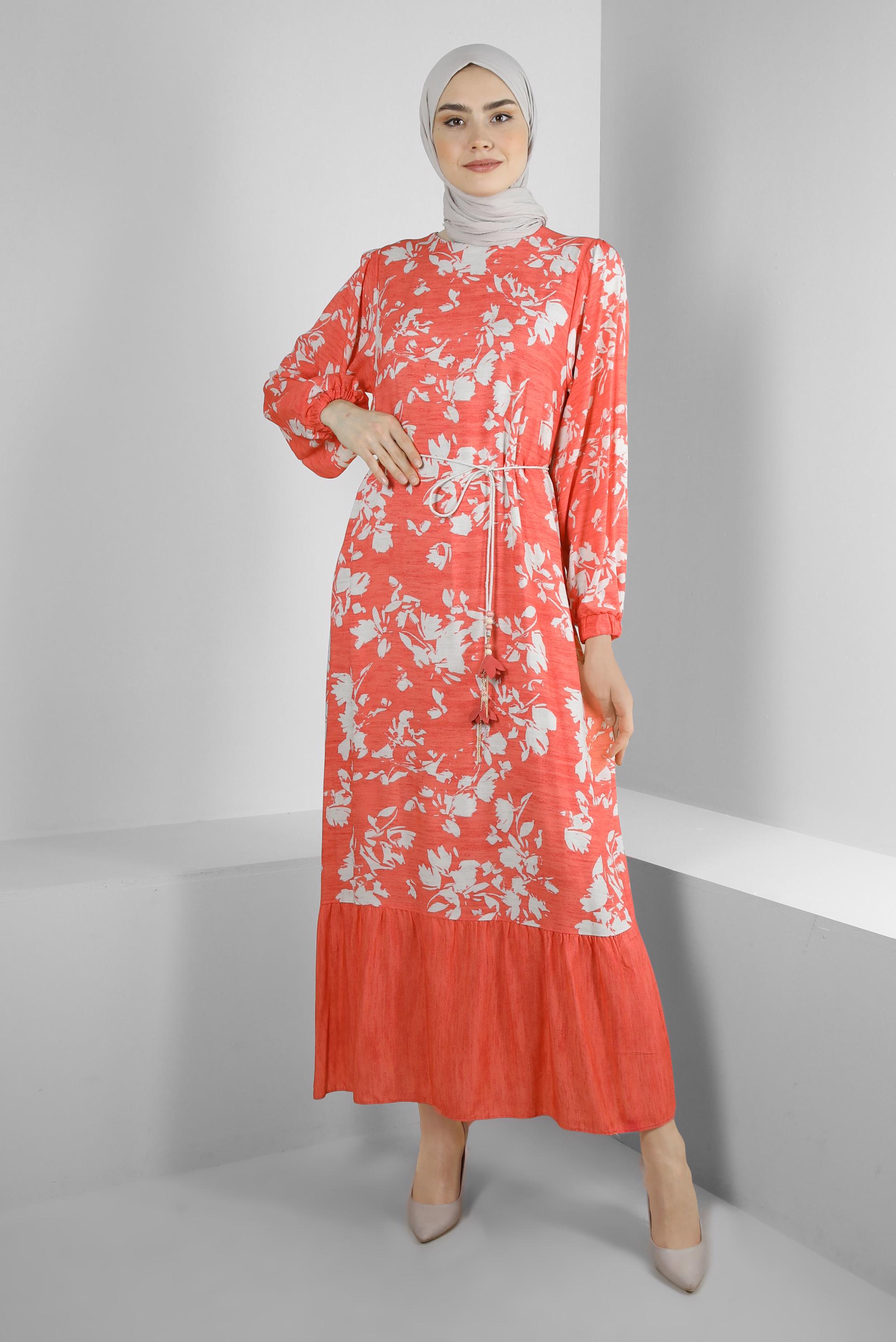 Tesettür giyim MERCAN DESENLİ YARASA KOL ELBİSE 43754