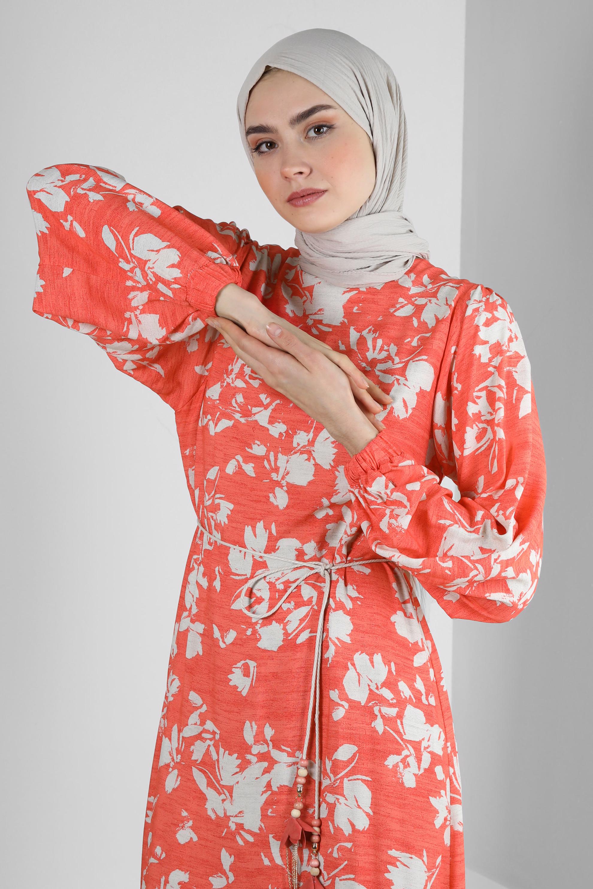 Tesettür giyim MERCAN DESENLİ YARASA KOL ELBİSE 43754