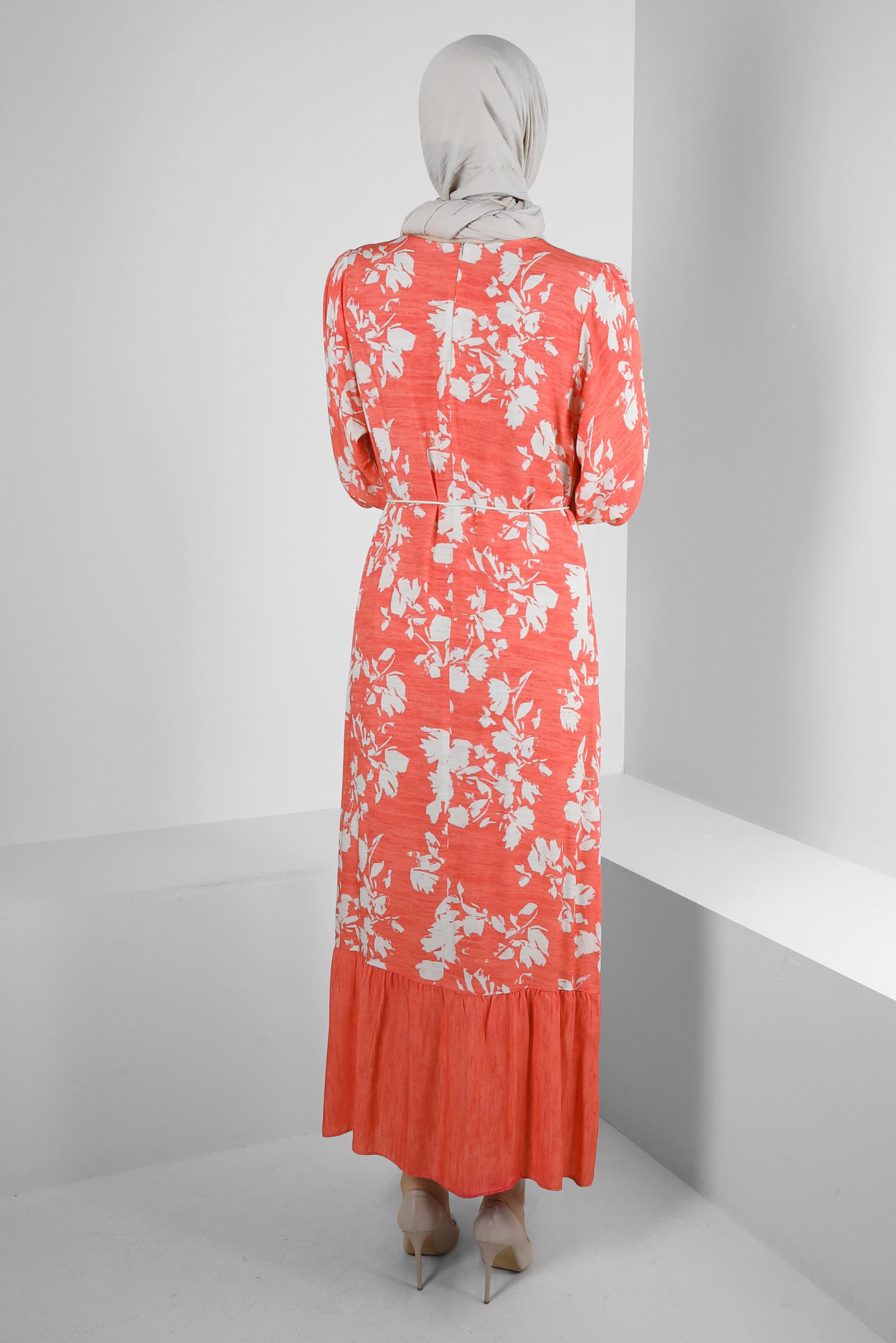 Tesettür giyim MERCAN DESENLİ YARASA KOL ELBİSE 43754