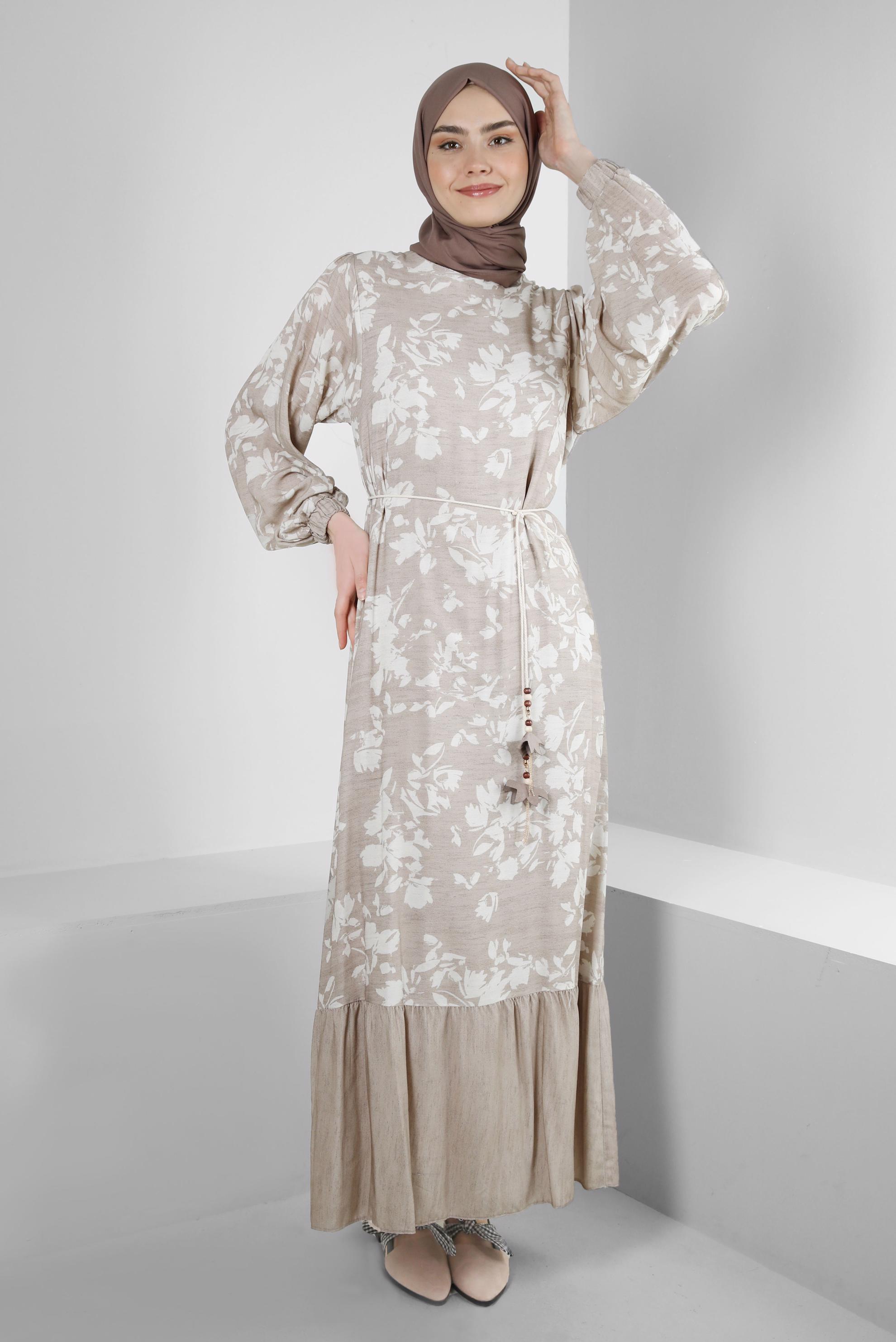 Tesettür giyim VİZON DESENLİ YARASA KOL ELBİSE 43754