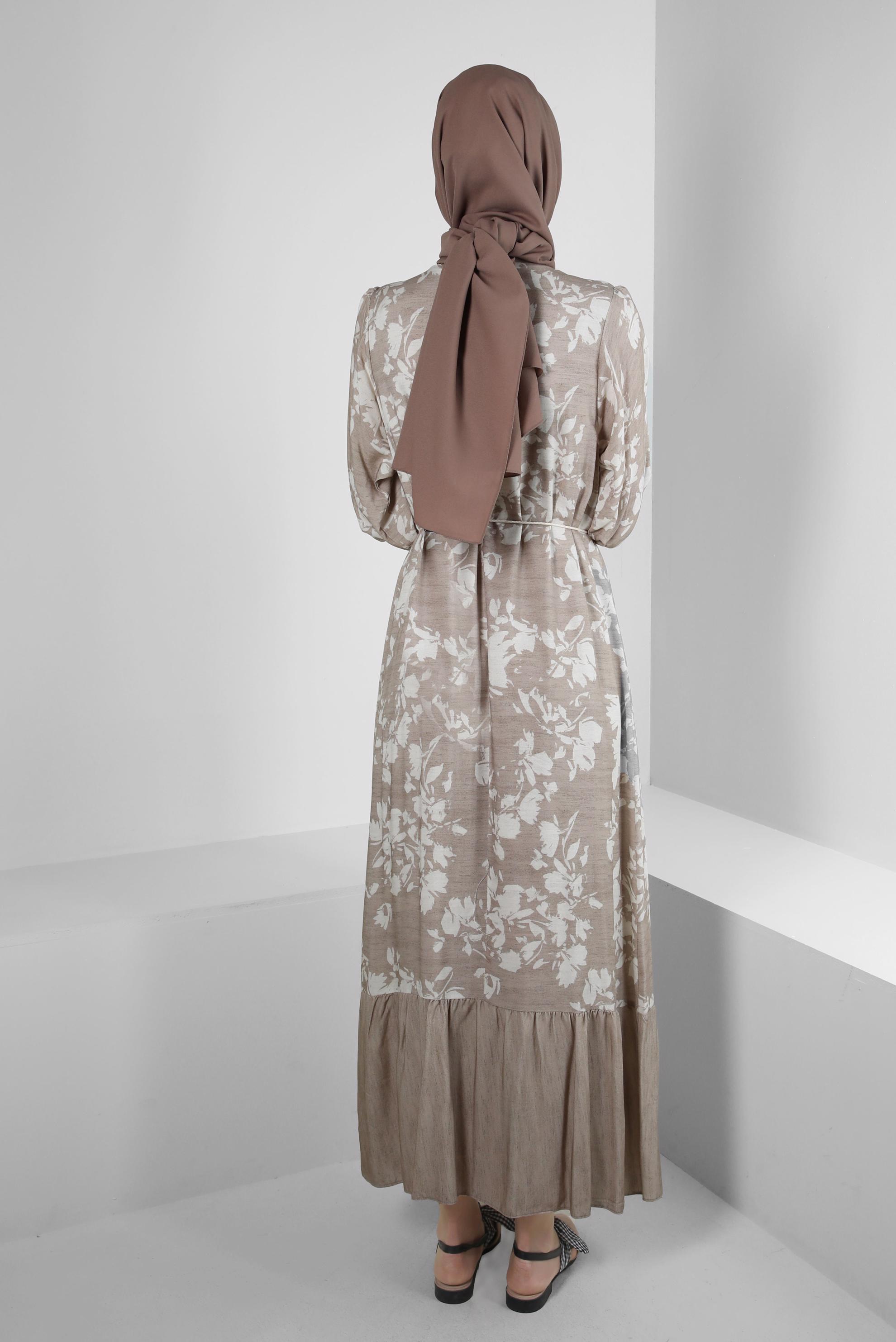 Tesettür giyim VİZON DESENLİ YARASA KOL ELBİSE 43754