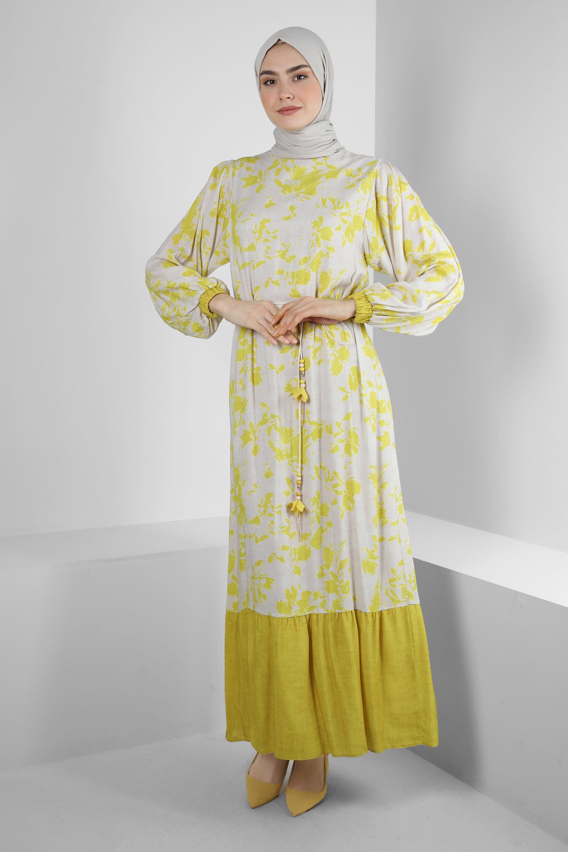 Tesettür giyim YEŞİL DESENLİ YARASA KOL ELBİSE 43754