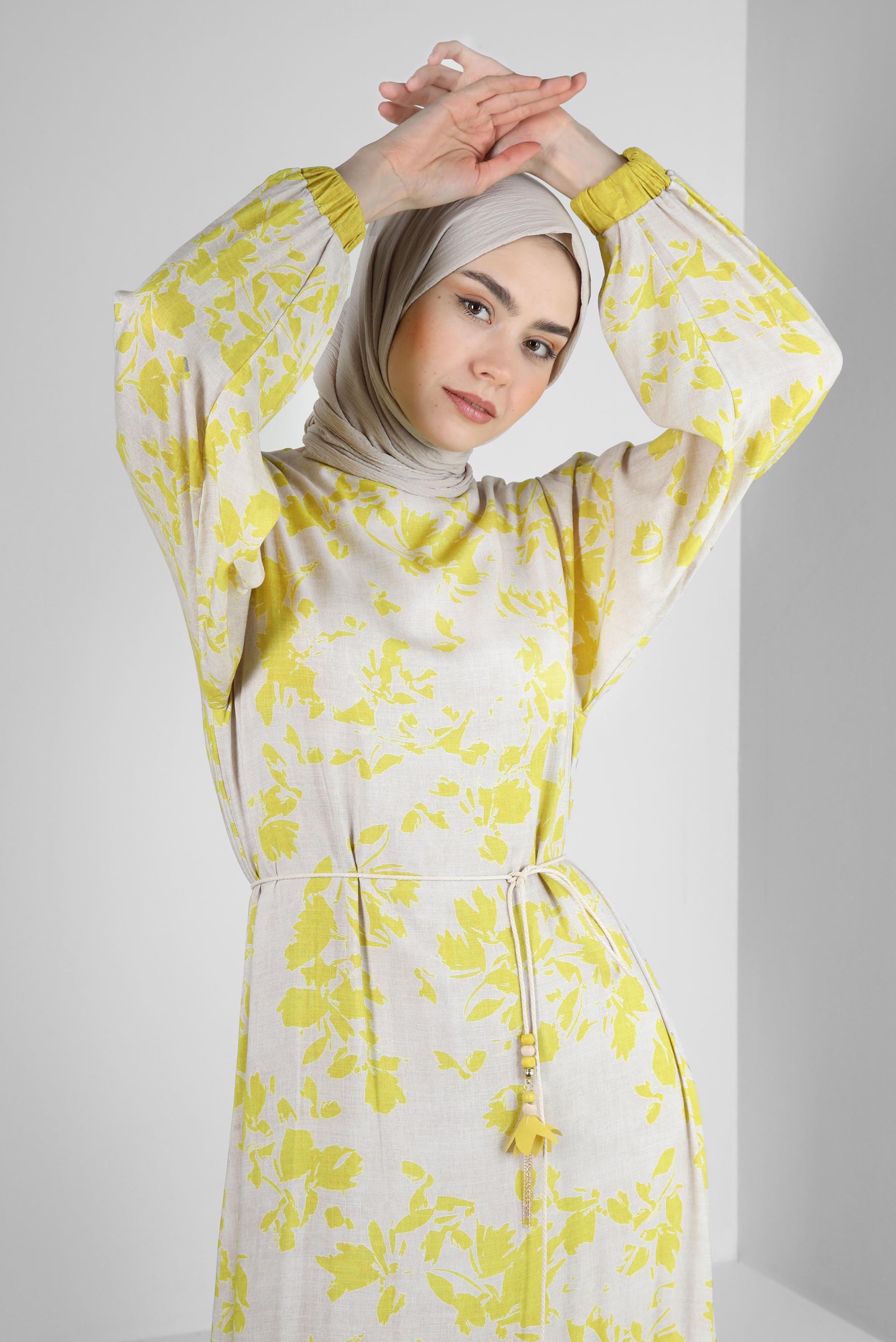 Tesettür giyim YEŞİL DESENLİ YARASA KOL ELBİSE 43754