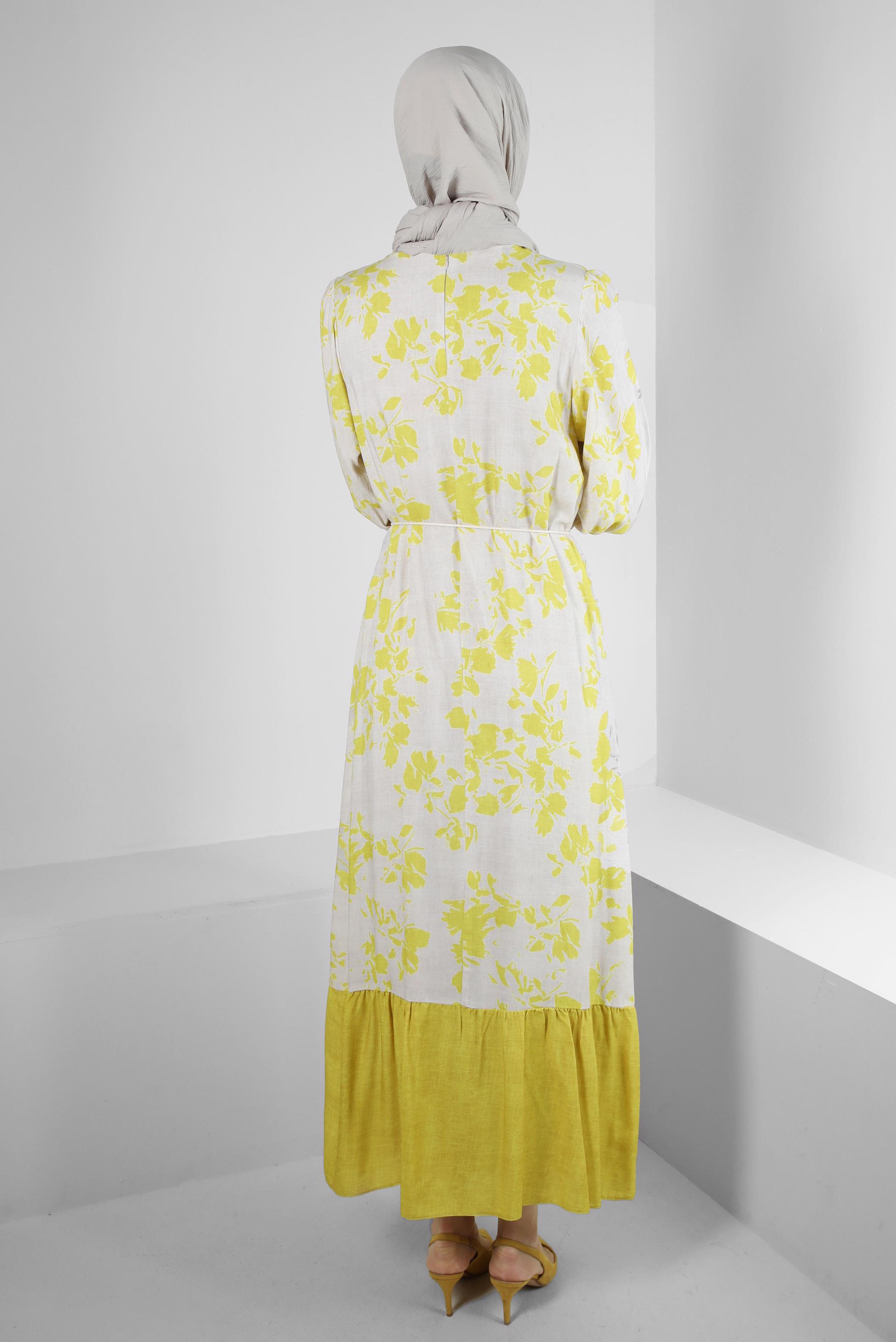 Tesettür giyim YEŞİL DESENLİ YARASA KOL ELBİSE 43754