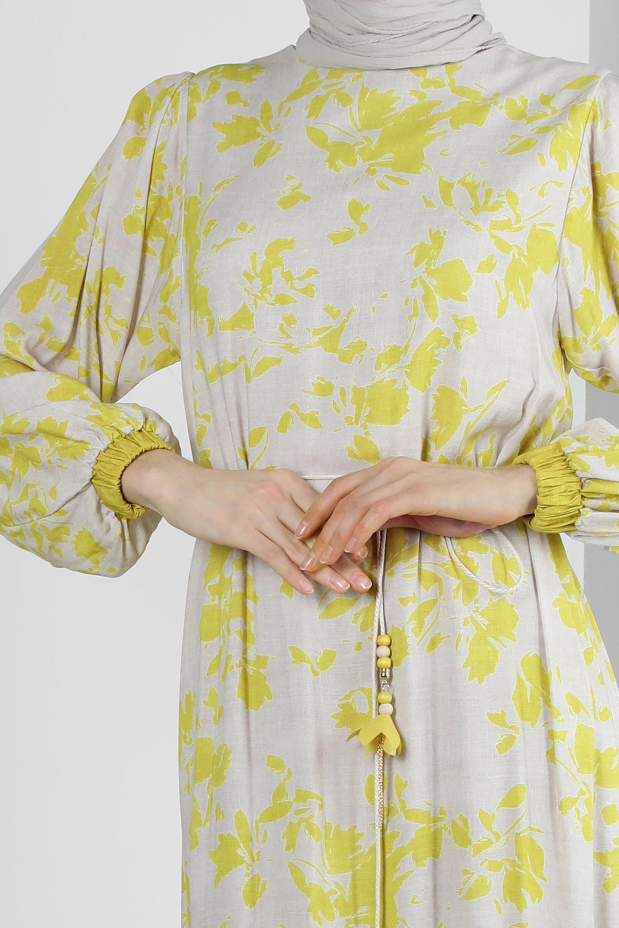 Tesettür giyim YEŞİL DESENLİ YARASA KOL ELBİSE 43754