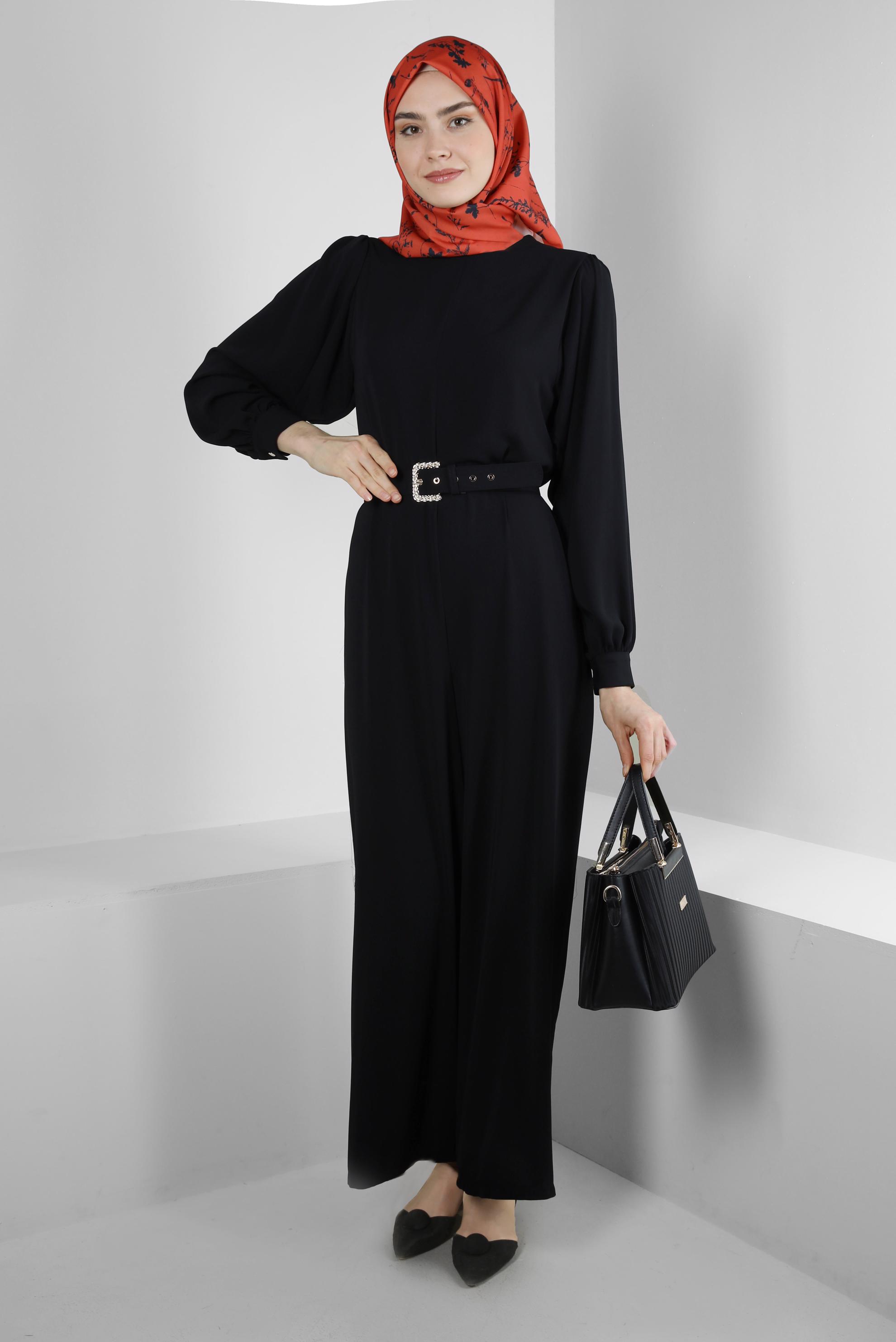 Tesettür giyim SİYAH GENİŞ PAÇA KEMERLİ TULUM 43767