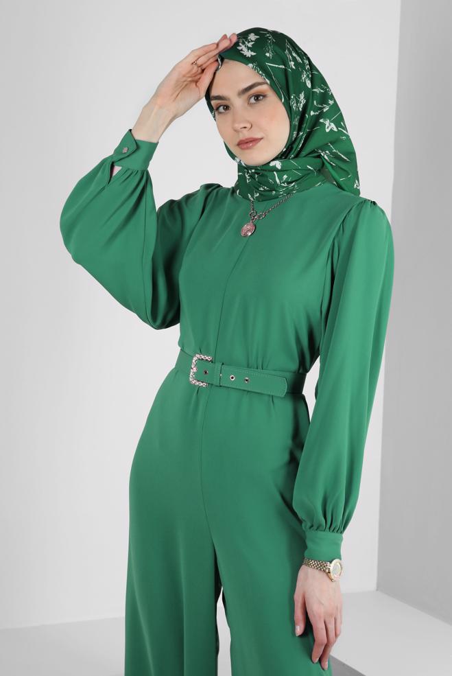 Tesettür giyim YEŞİL GENİŞ PAÇA KEMERLİ TULUM 43767 - ALVİNA