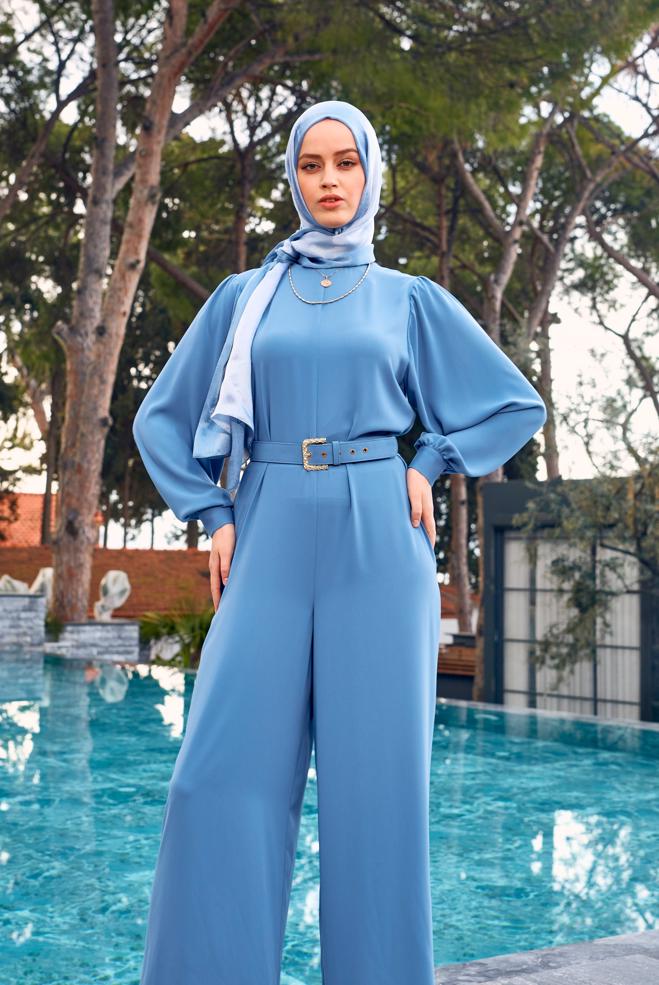 Tesettür giyim MAVİ GENİŞ PAÇA KEMERLİ TULUM 43767 - ALVİNA