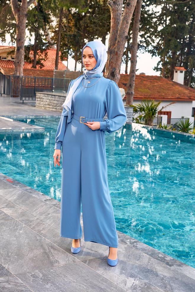 Tesettür giyim MAVİ GENİŞ PAÇA KEMERLİ TULUM 43767 - ALVİNA