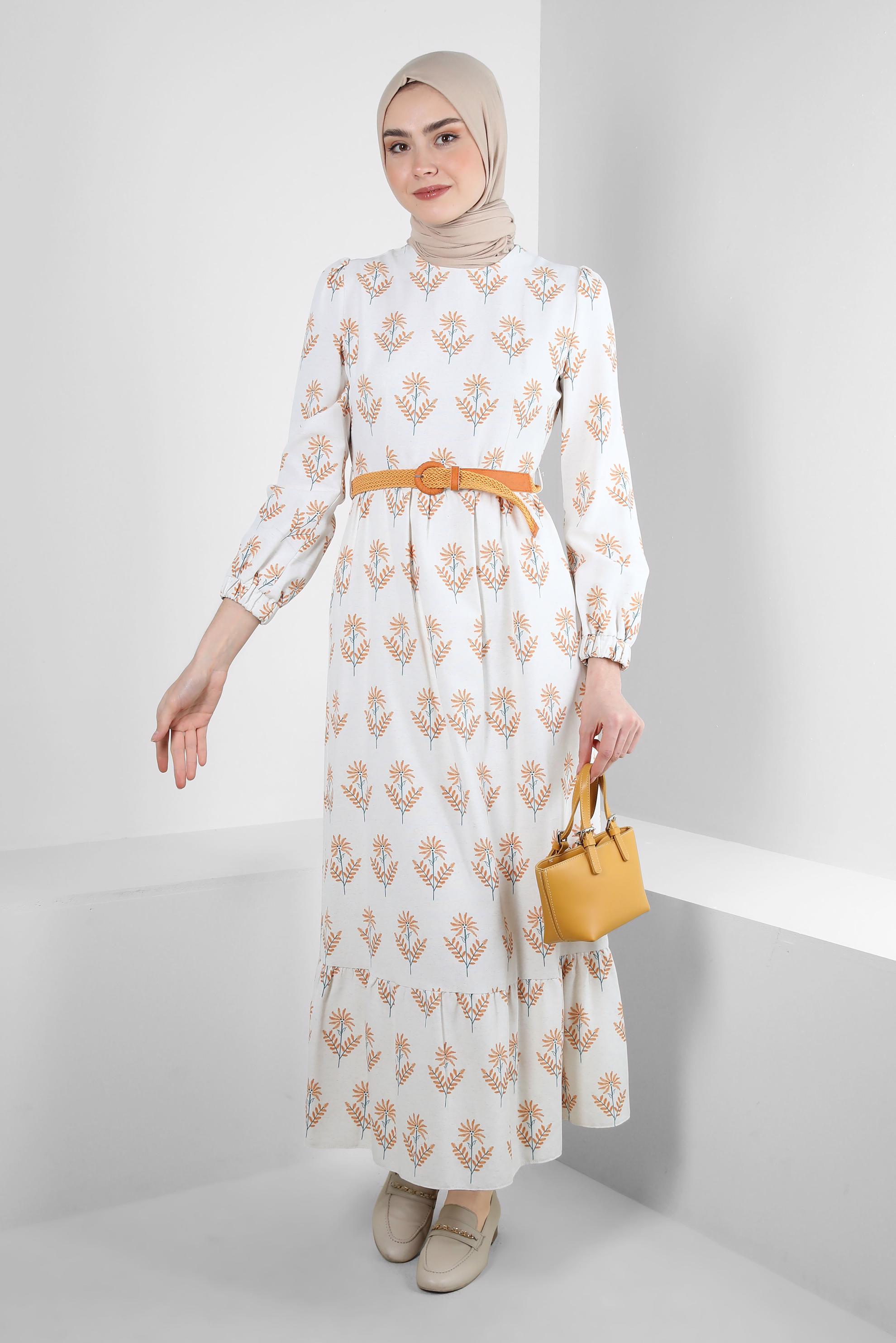 Tesettür giyim TURUNCU ÇİÇEK DESENLİ KEMERLİ ELBİSE 43768