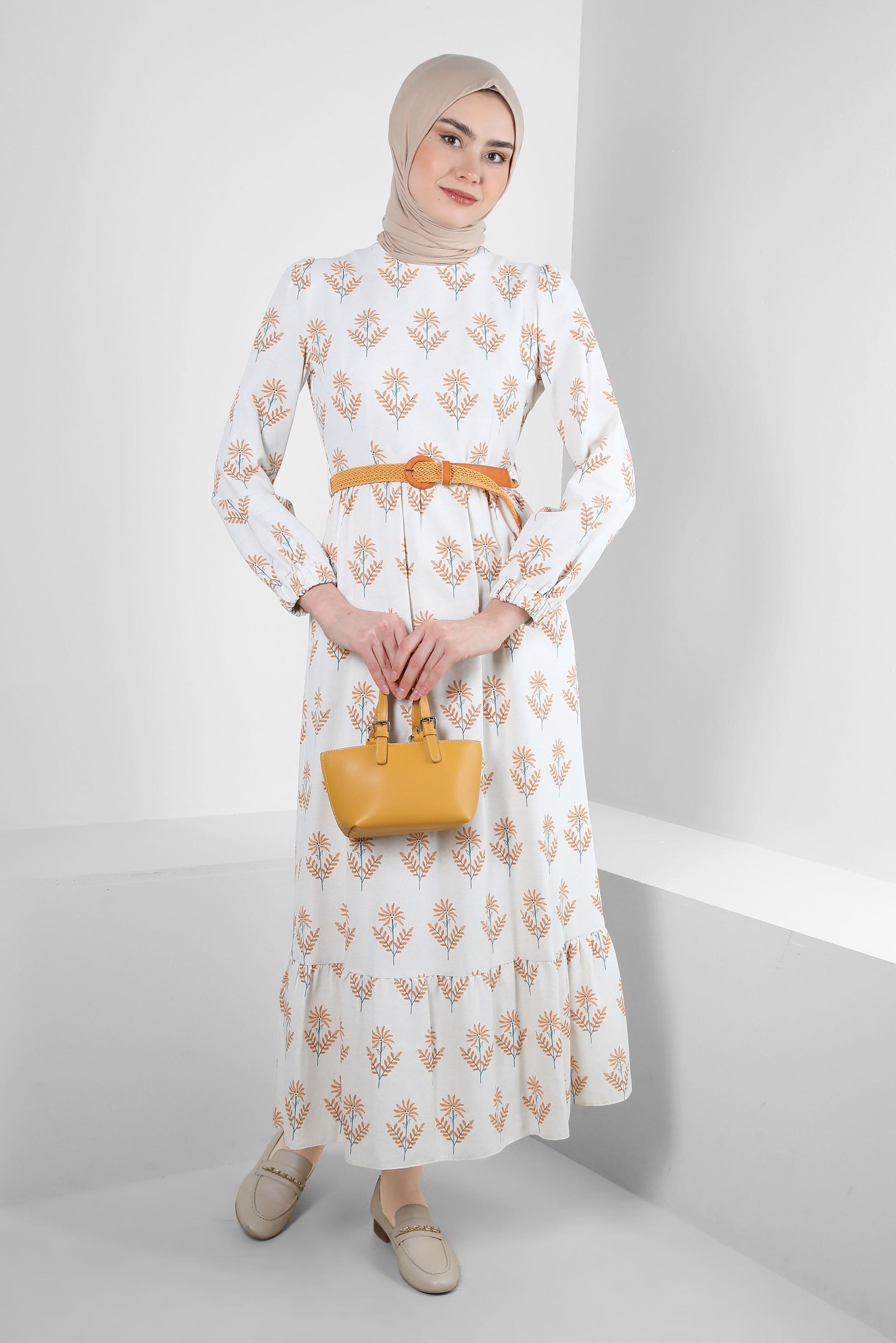 Tesettür giyim TURUNCU ÇİÇEK DESENLİ KEMERLİ ELBİSE 43768