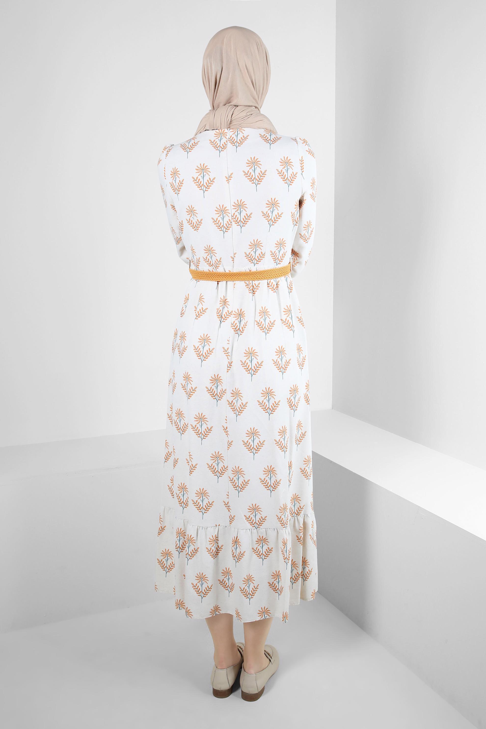 Tesettür giyim TURUNCU ÇİÇEK DESENLİ KEMERLİ ELBİSE 43768