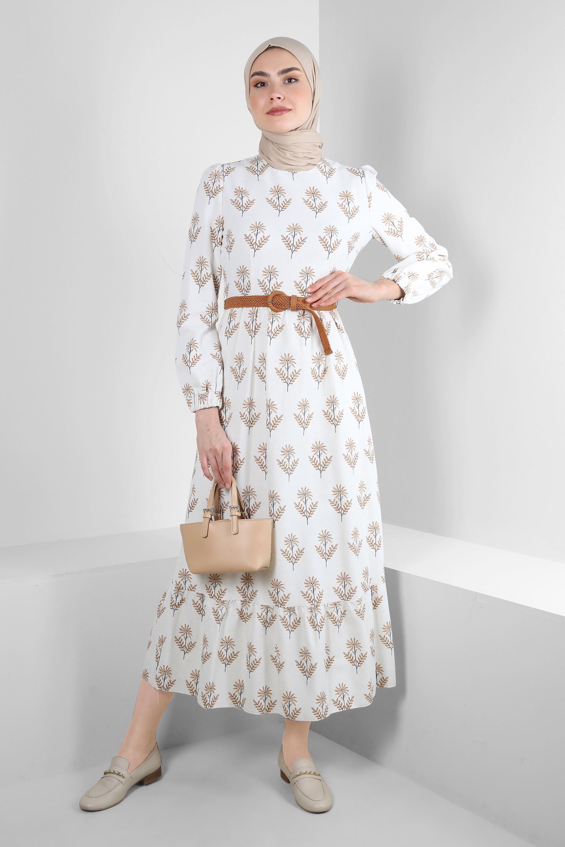 Tesettür giyim KAHVE ÇİÇEK DESENLİ KEMERLİ ELBİSE 43768