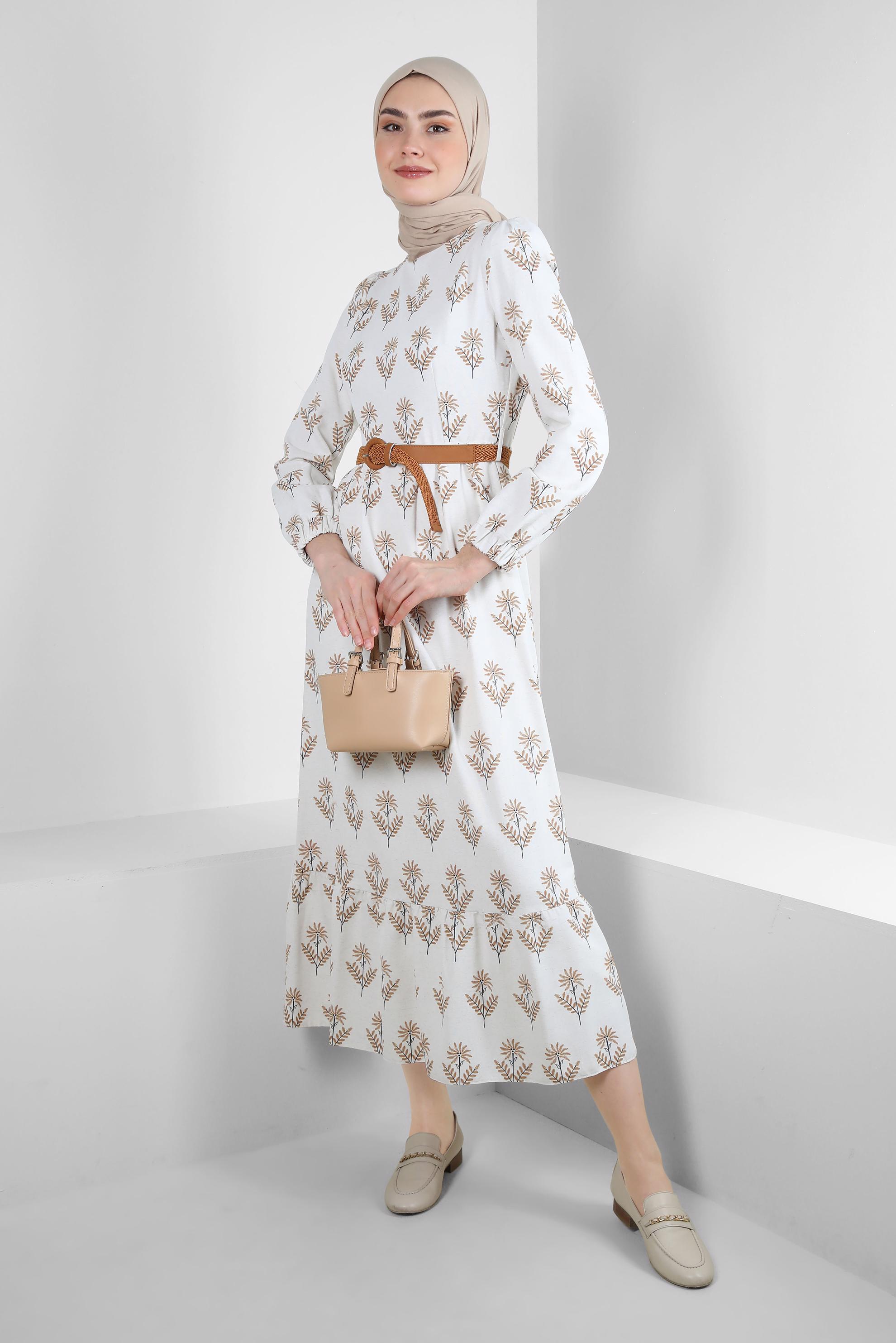Tesettür giyim KAHVE ÇİÇEK DESENLİ KEMERLİ ELBİSE 43768