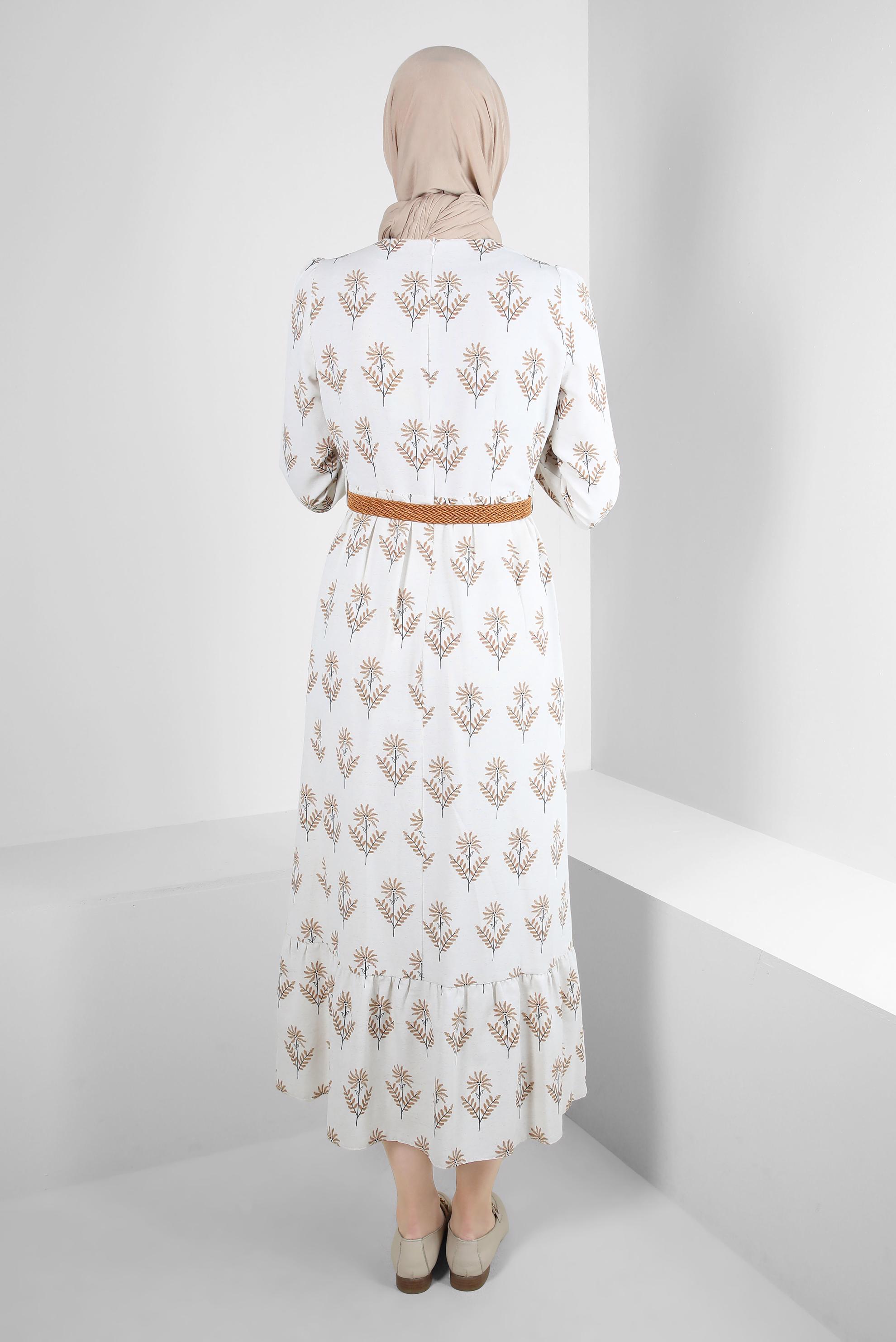 Tesettür giyim KAHVE ÇİÇEK DESENLİ KEMERLİ ELBİSE 43768