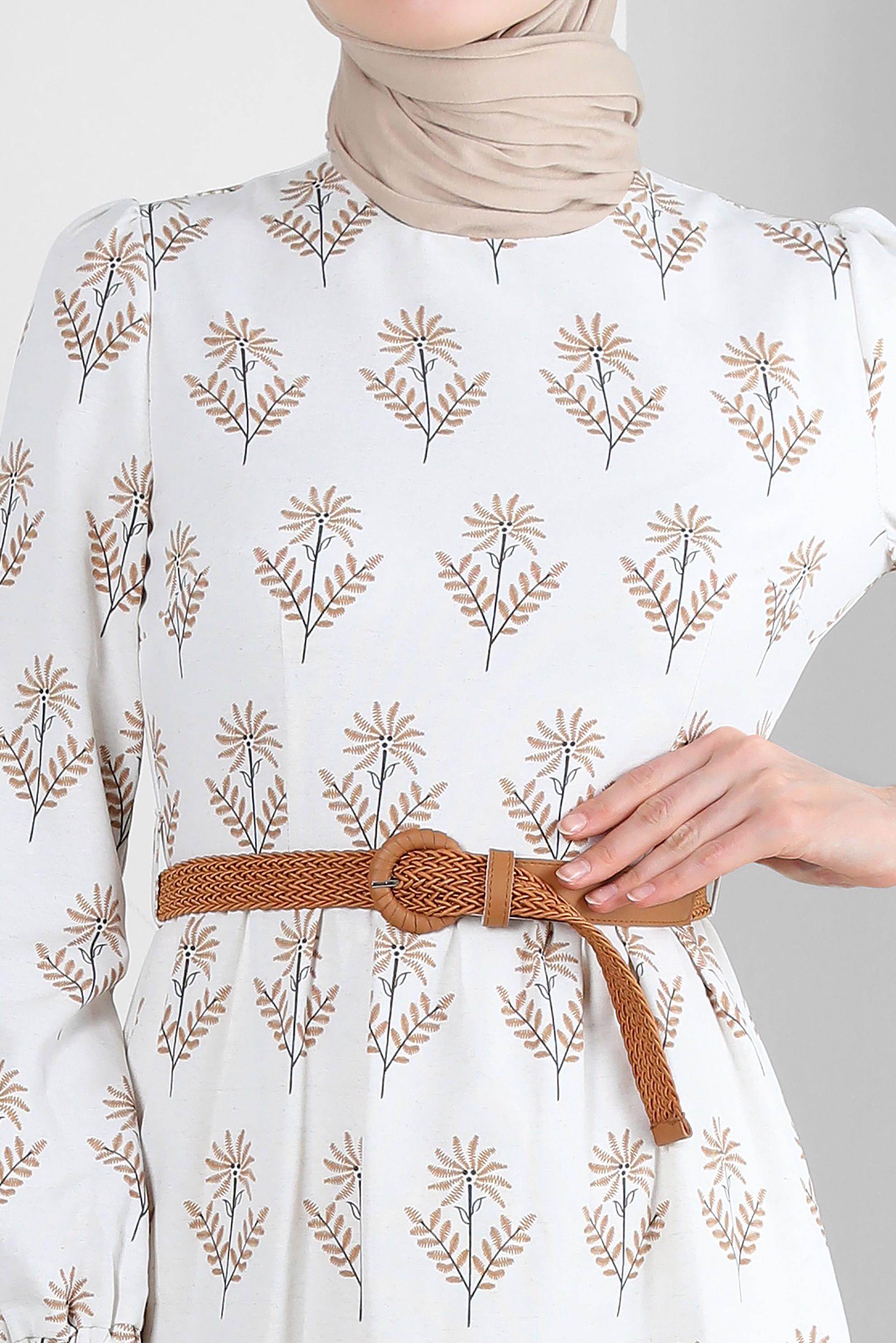 Tesettür giyim KAHVE ÇİÇEK DESENLİ KEMERLİ ELBİSE 43768