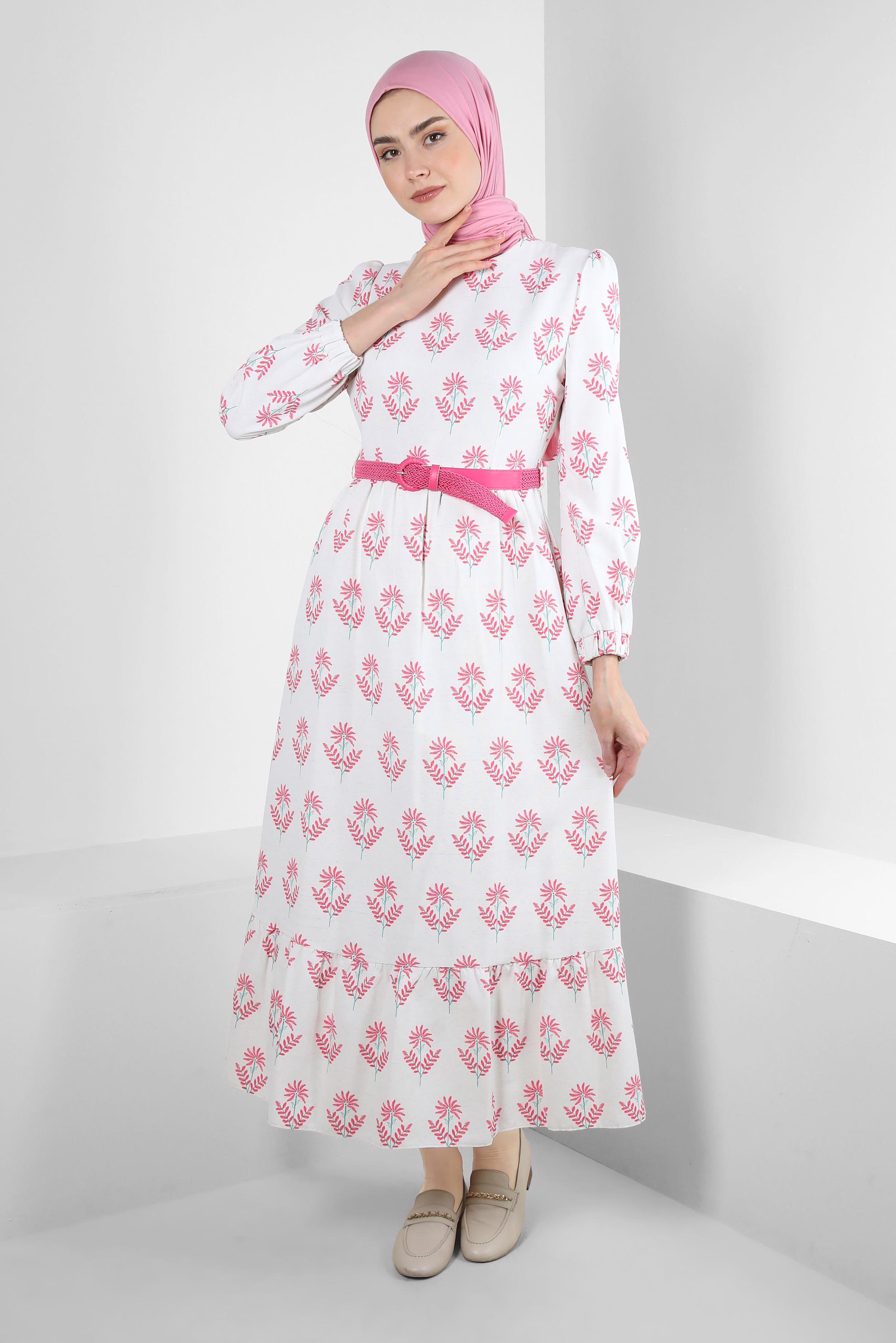 Tesettür giyim FUŞYA ÇİÇEK DESENLİ KEMERLİ ELBİSE 43768