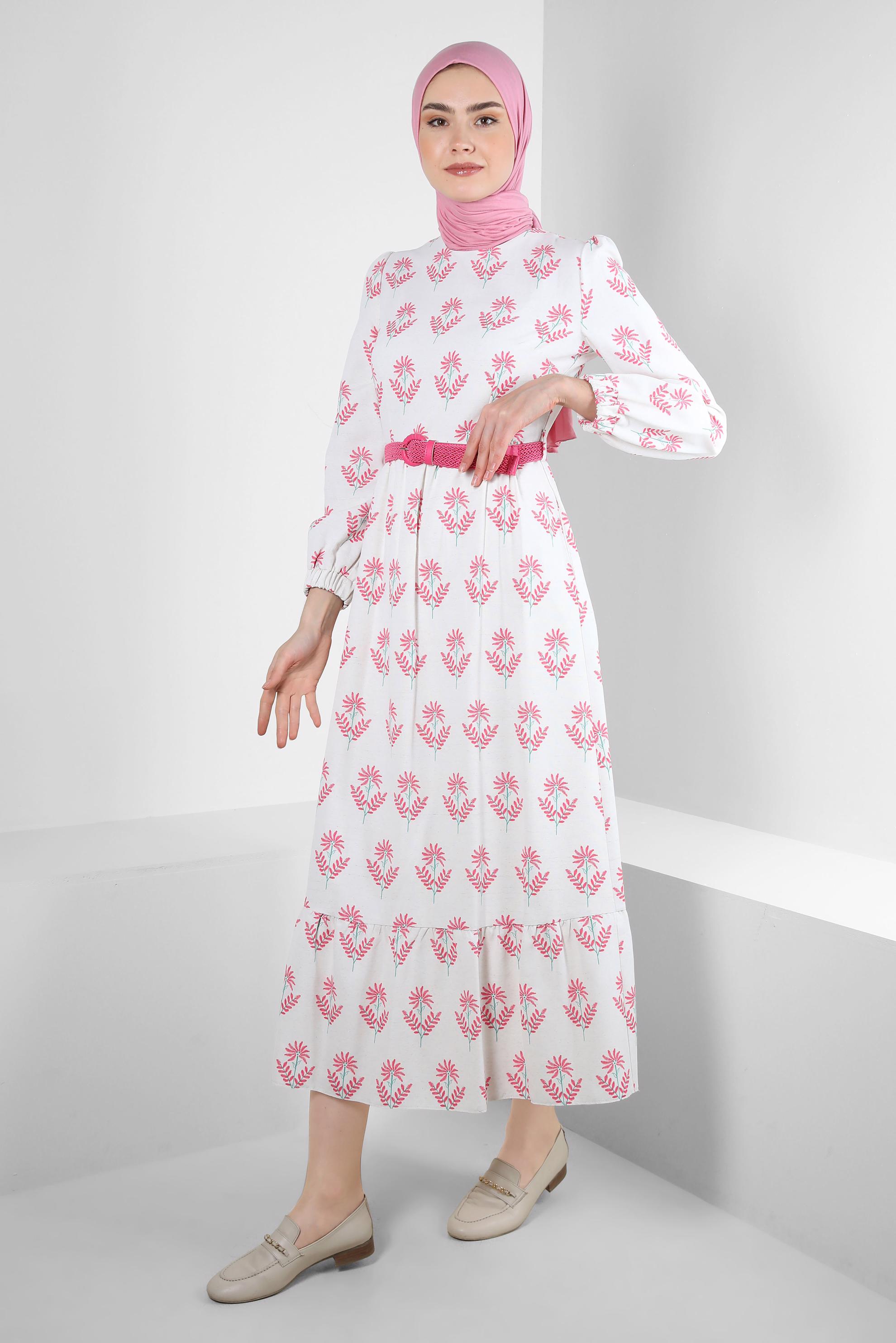 Tesettür giyim FUŞYA ÇİÇEK DESENLİ KEMERLİ ELBİSE 43768