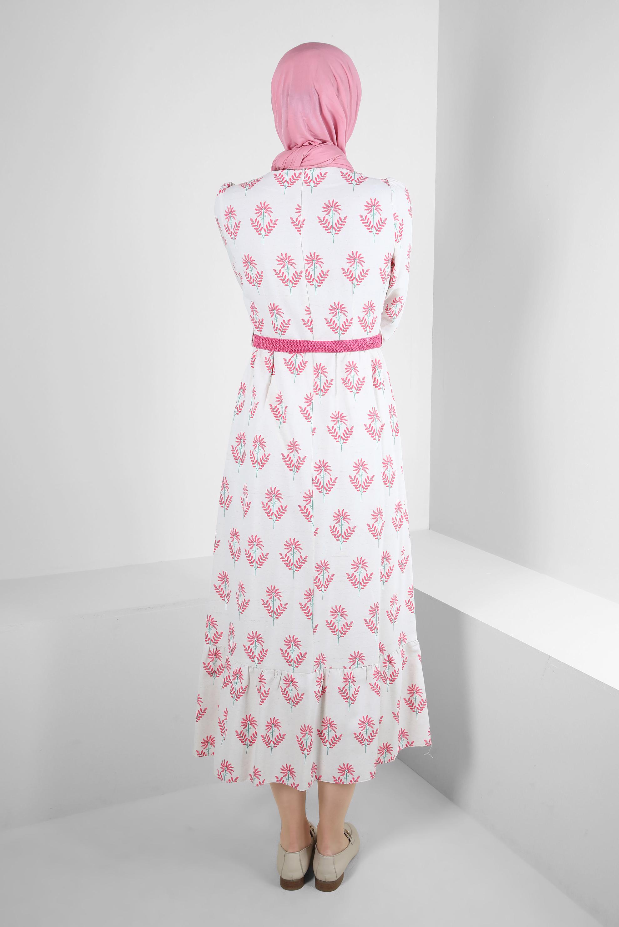 Tesettür giyim FUŞYA ÇİÇEK DESENLİ KEMERLİ ELBİSE 43768