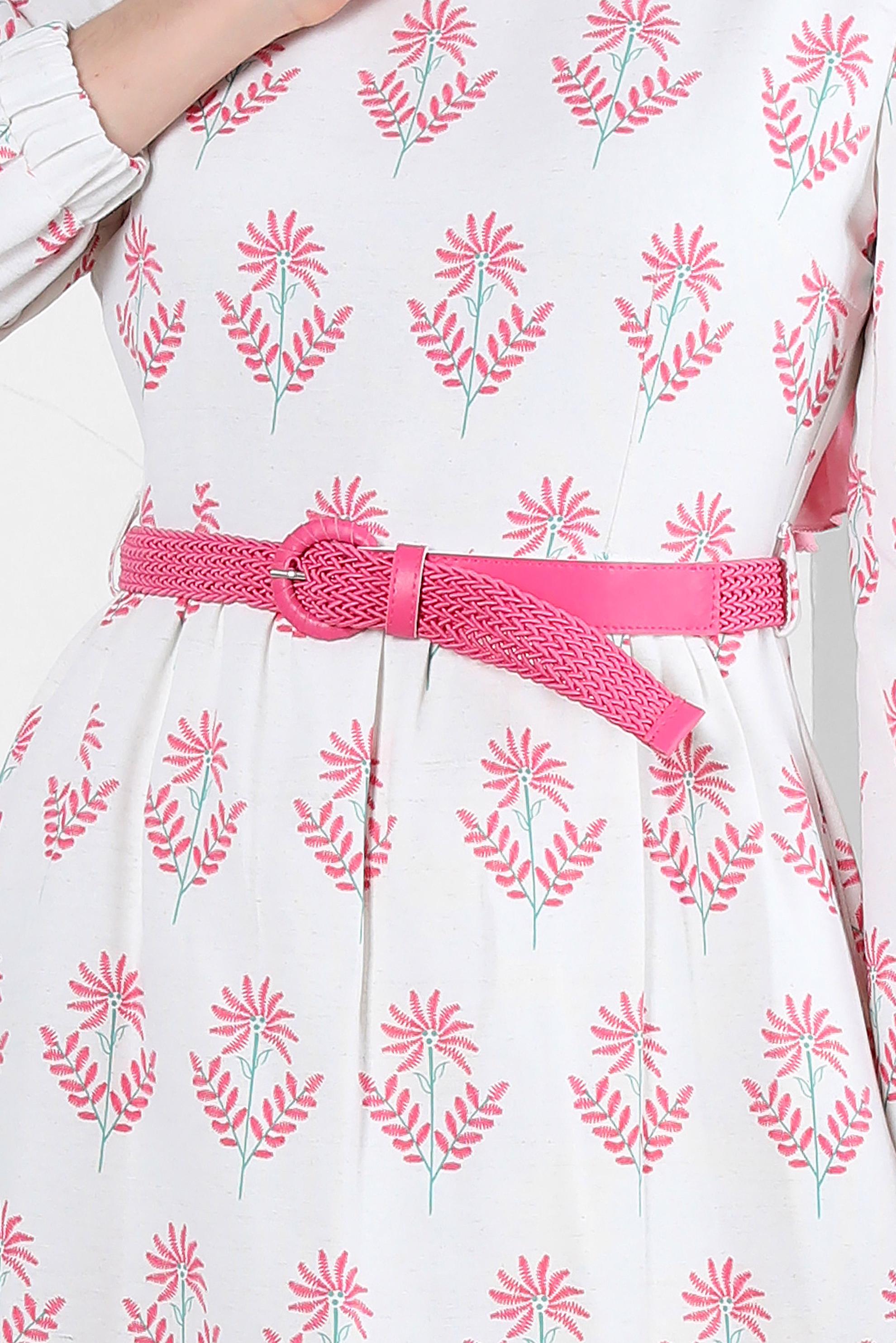 Tesettür giyim FUŞYA ÇİÇEK DESENLİ KEMERLİ ELBİSE 43768