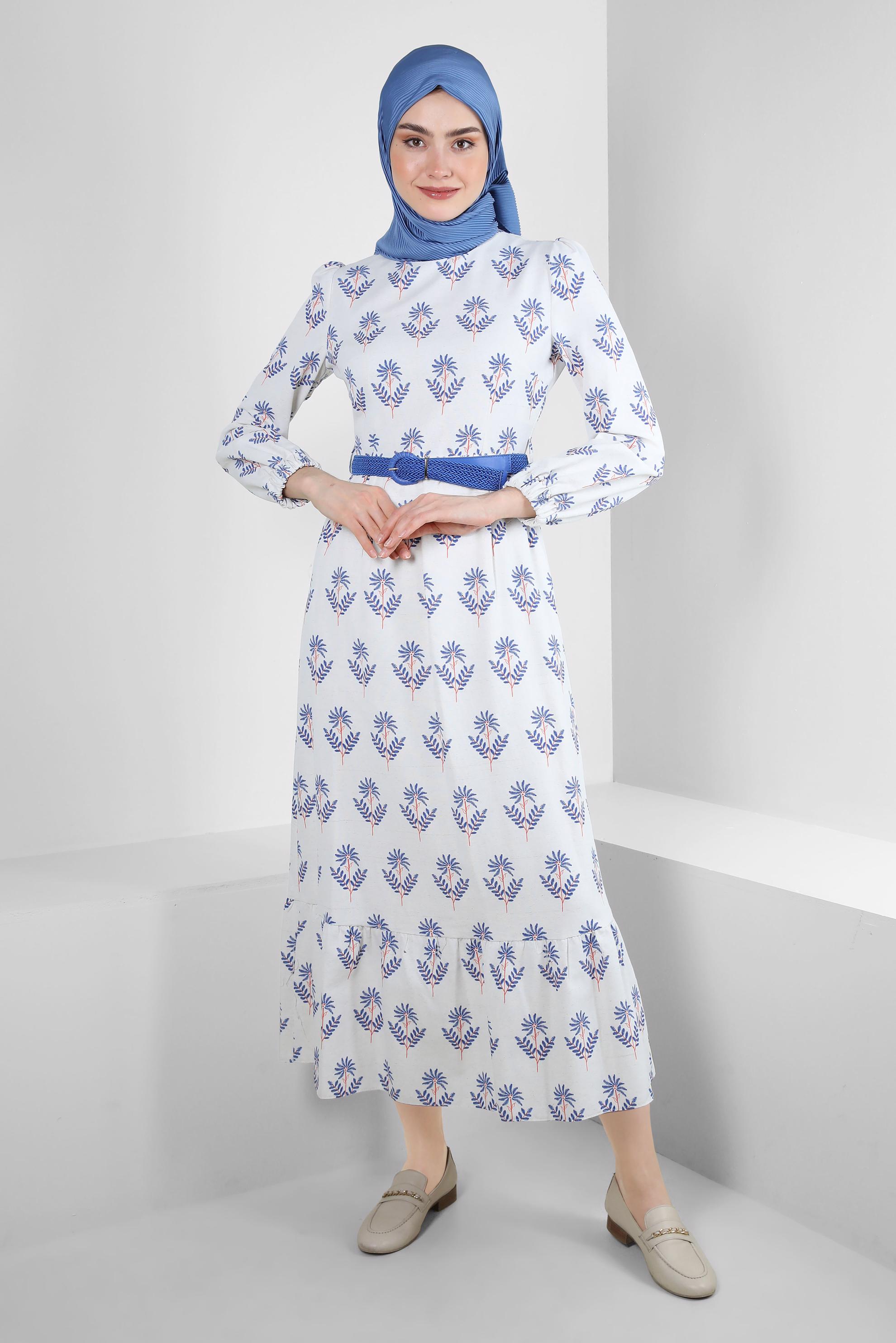 Tesettür giyim LACİVERT ÇİÇEK DESENLİ KEMERLİ ELBİSE 43768
