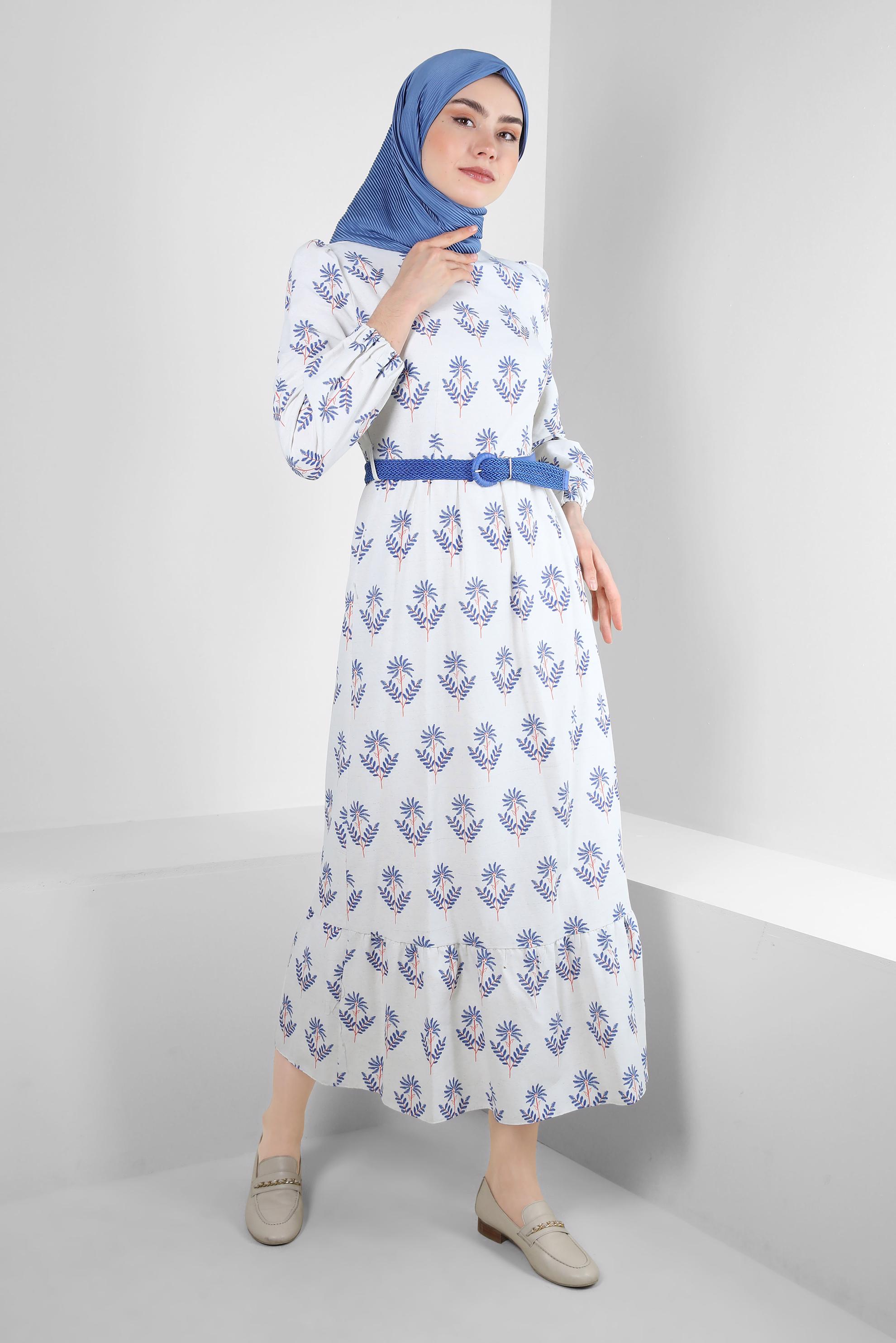 Tesettür giyim LACİVERT ÇİÇEK DESENLİ KEMERLİ ELBİSE 43768