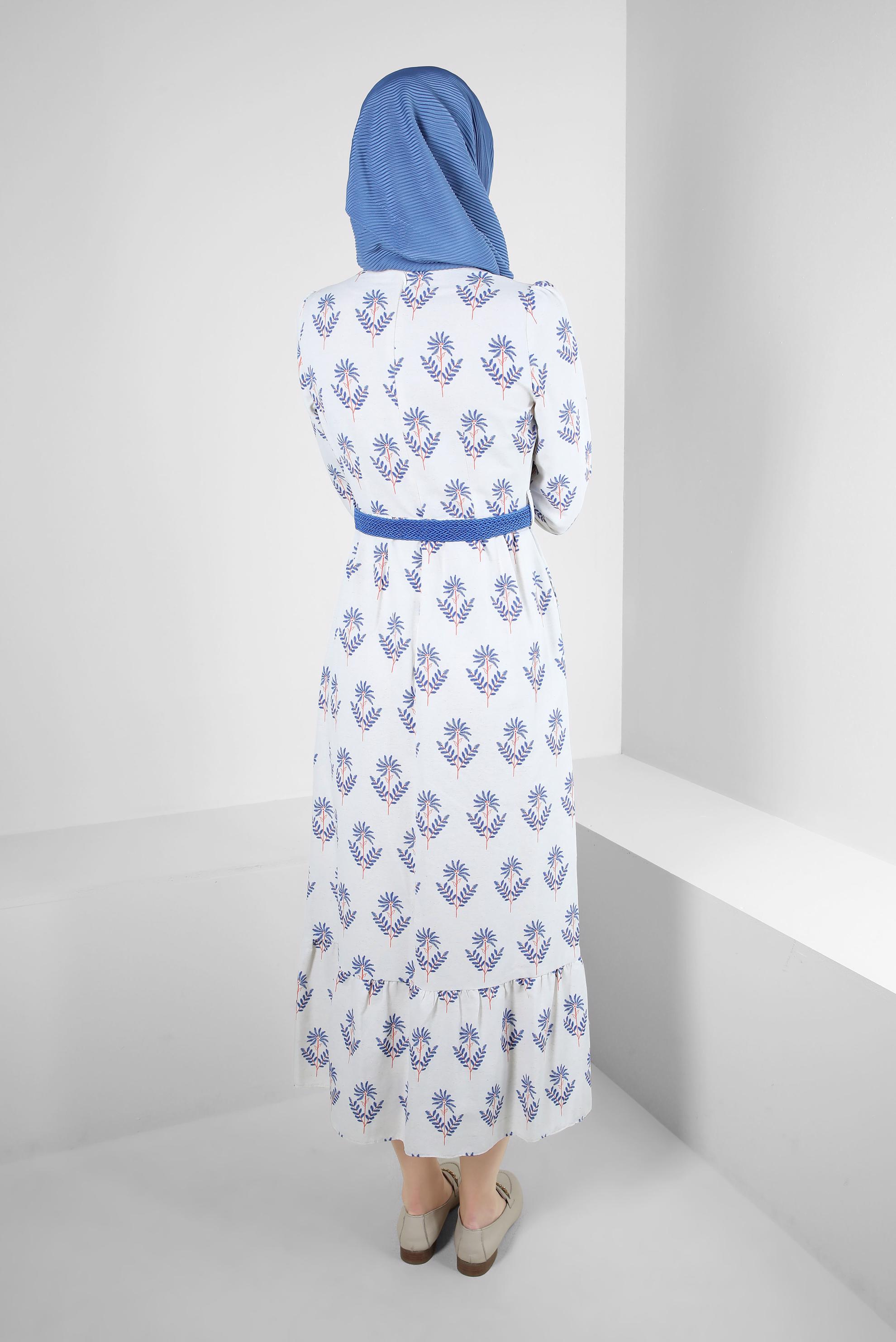 Tesettür giyim LACİVERT ÇİÇEK DESENLİ KEMERLİ ELBİSE 43768