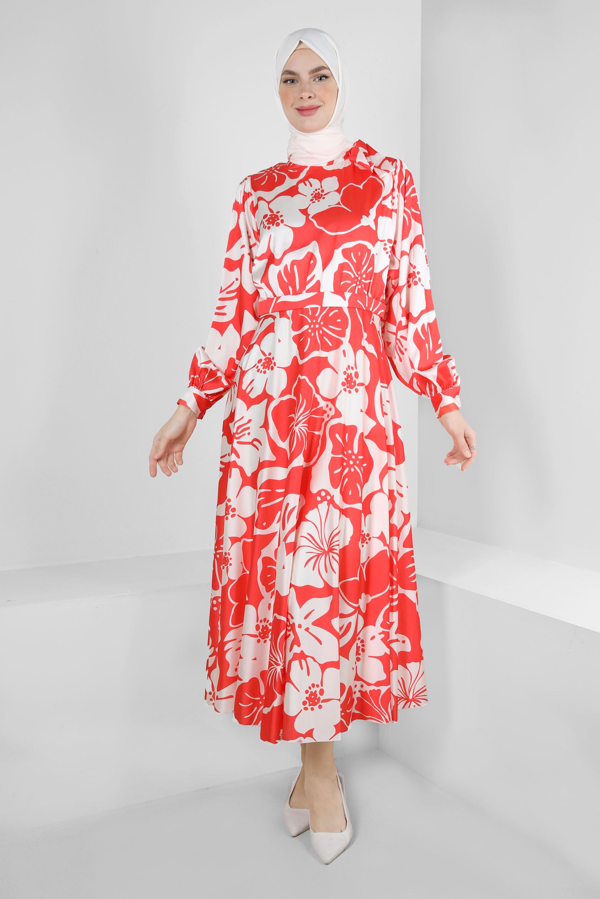 Tesettür giyim MERCAN ÇİÇEK DESENLİ YAKASI BAĞLAMALI SATEN ELBİSE 43769