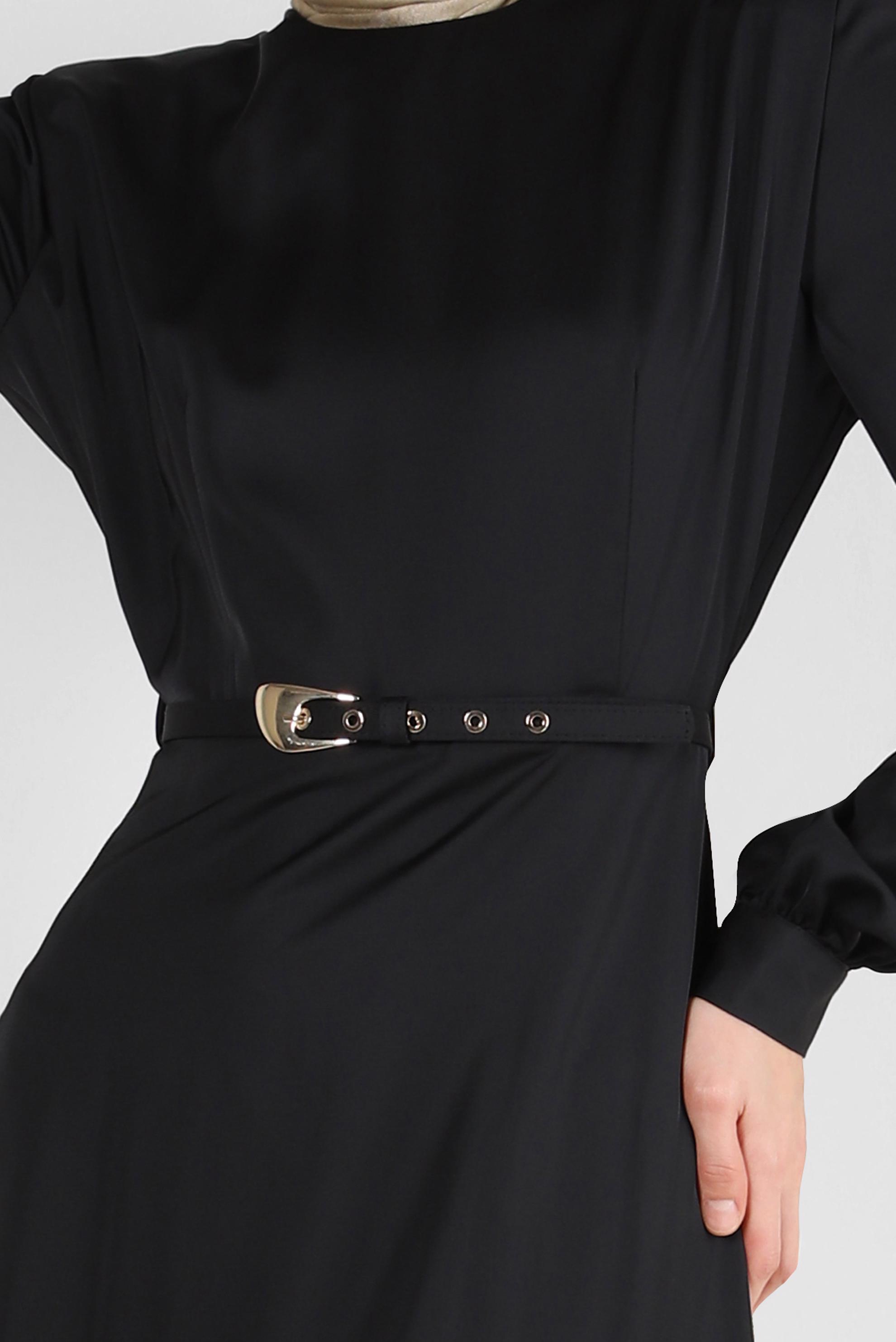 Tesettür giyim SİYAH BİSİKLET YAKA KEMERLİ DÜZ ELBİSE 43780