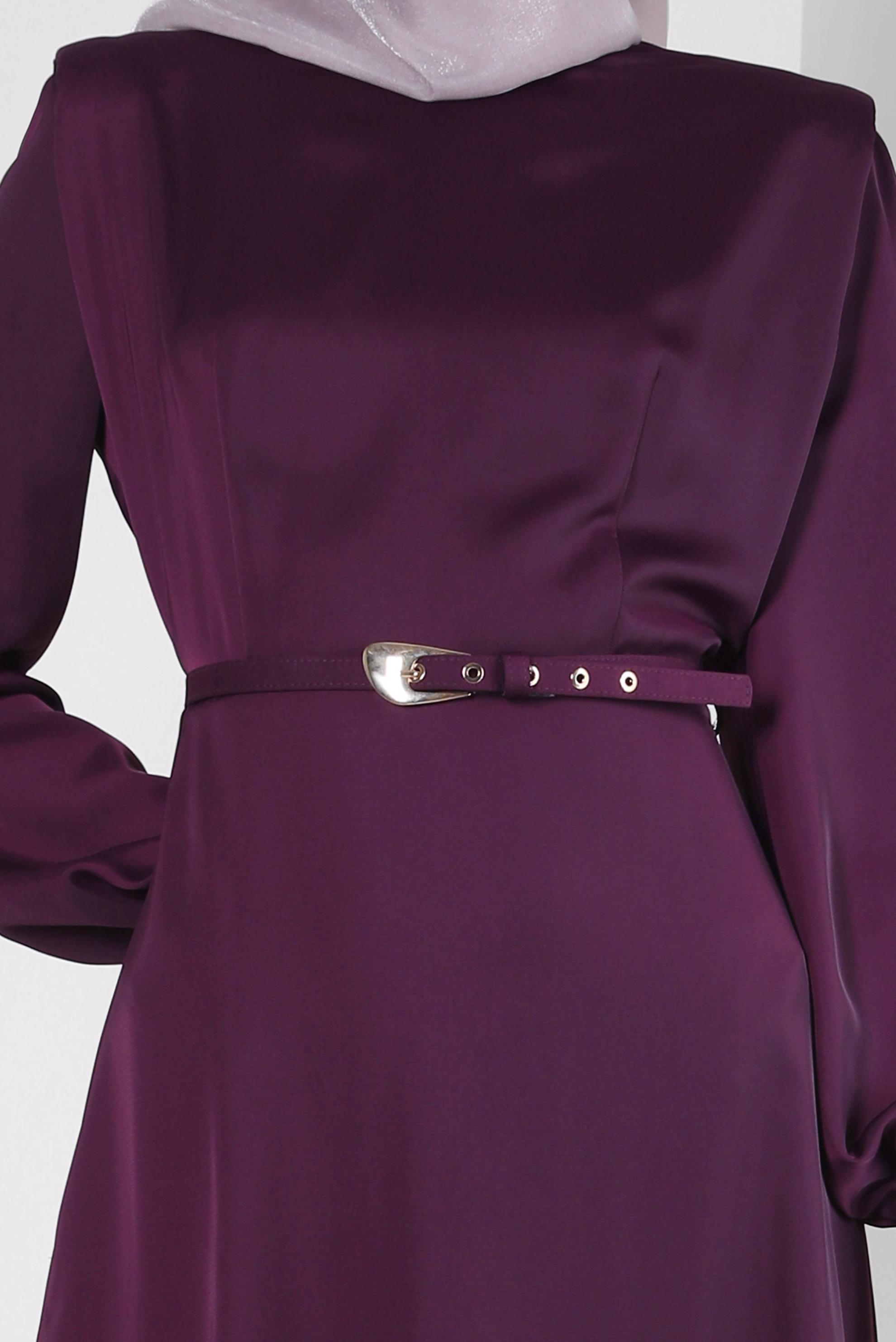 Tesettür giyim MOR BİSİKLET YAKA KEMERLİ DÜZ ELBİSE 43780