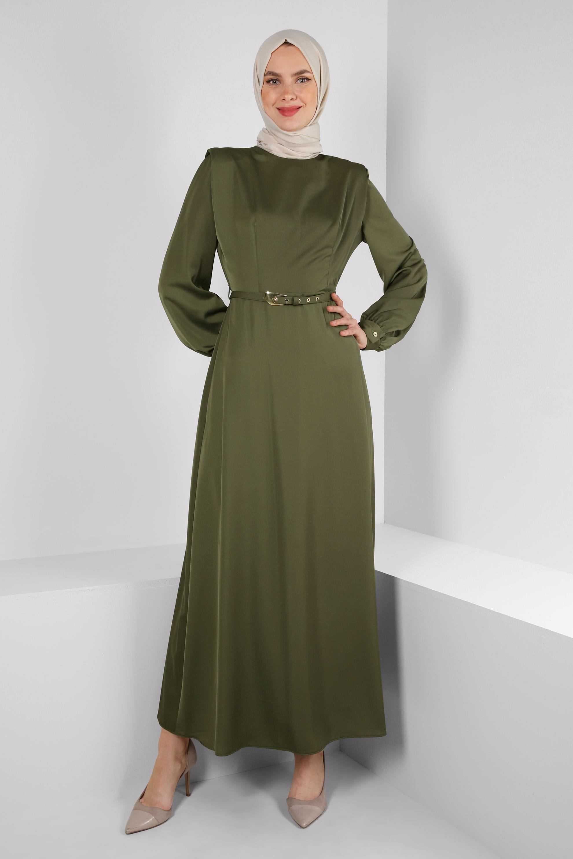 Tesettür giyim HAKİ BİSİKLET YAKA KEMERLİ DÜZ ELBİSE 43780