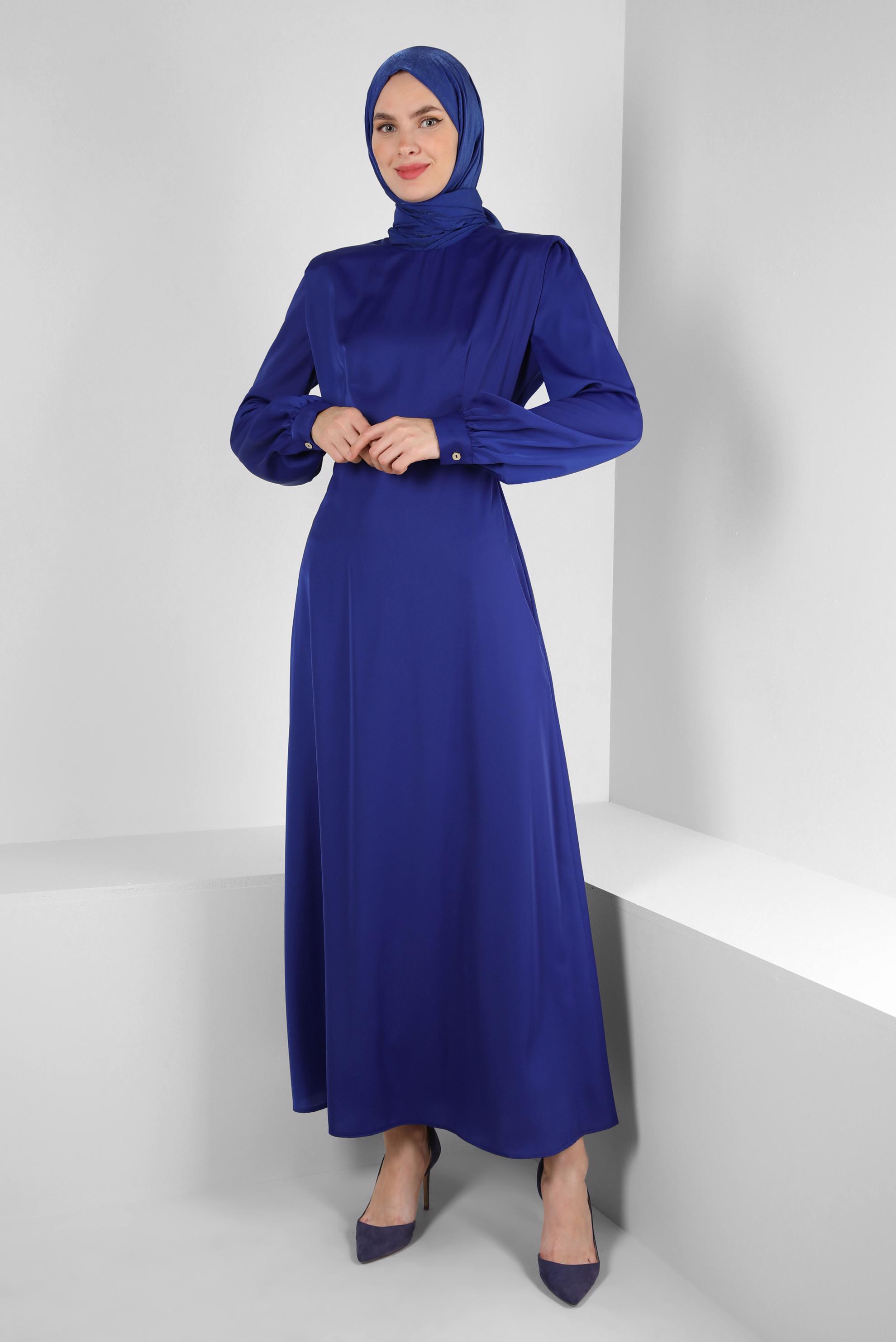 Tesettür giyim LACİVERT BİSİKLET YAKA KEMERLİ DÜZ ELBİSE 43780