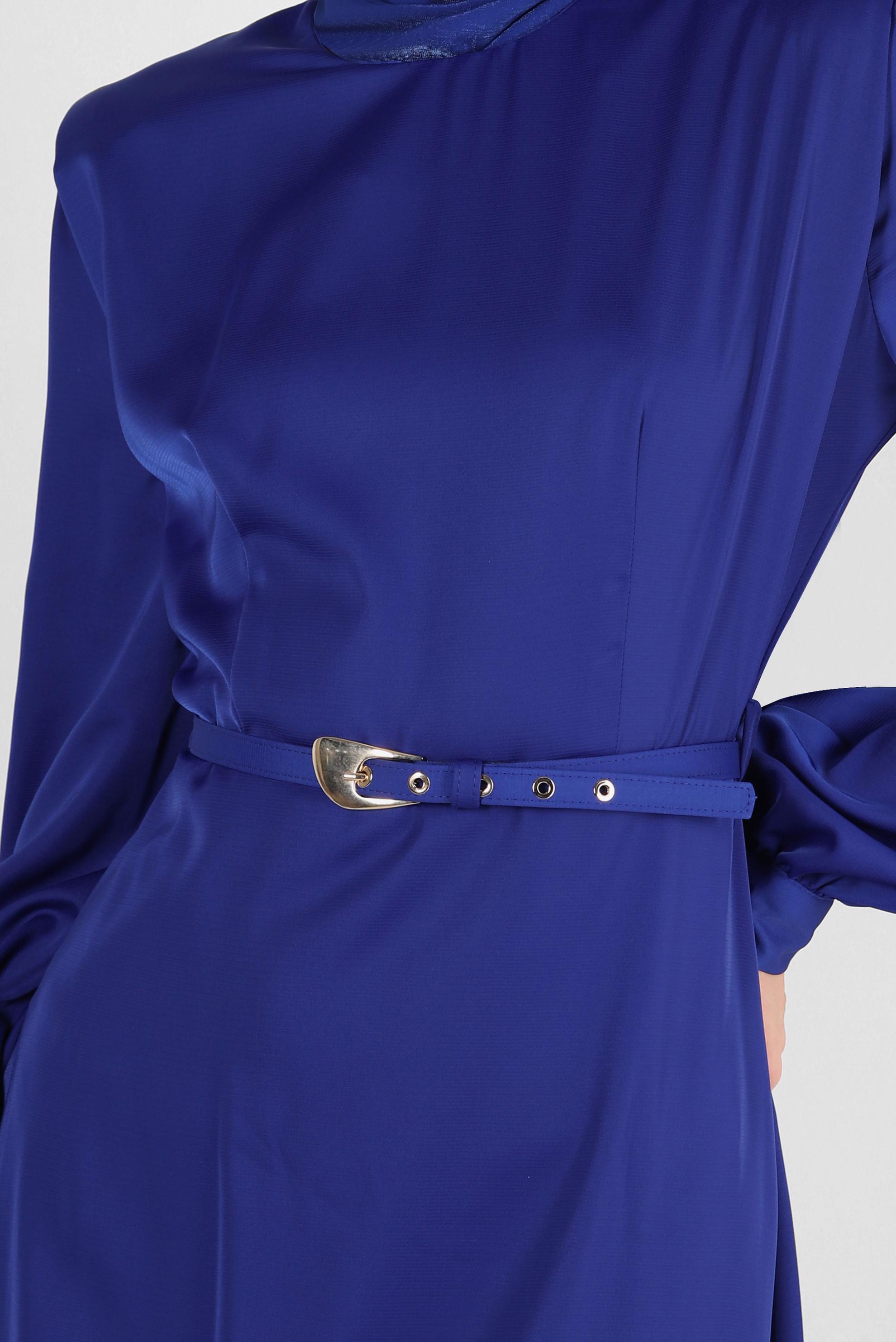 Tesettür giyim LACİVERT BİSİKLET YAKA KEMERLİ DÜZ ELBİSE 43780