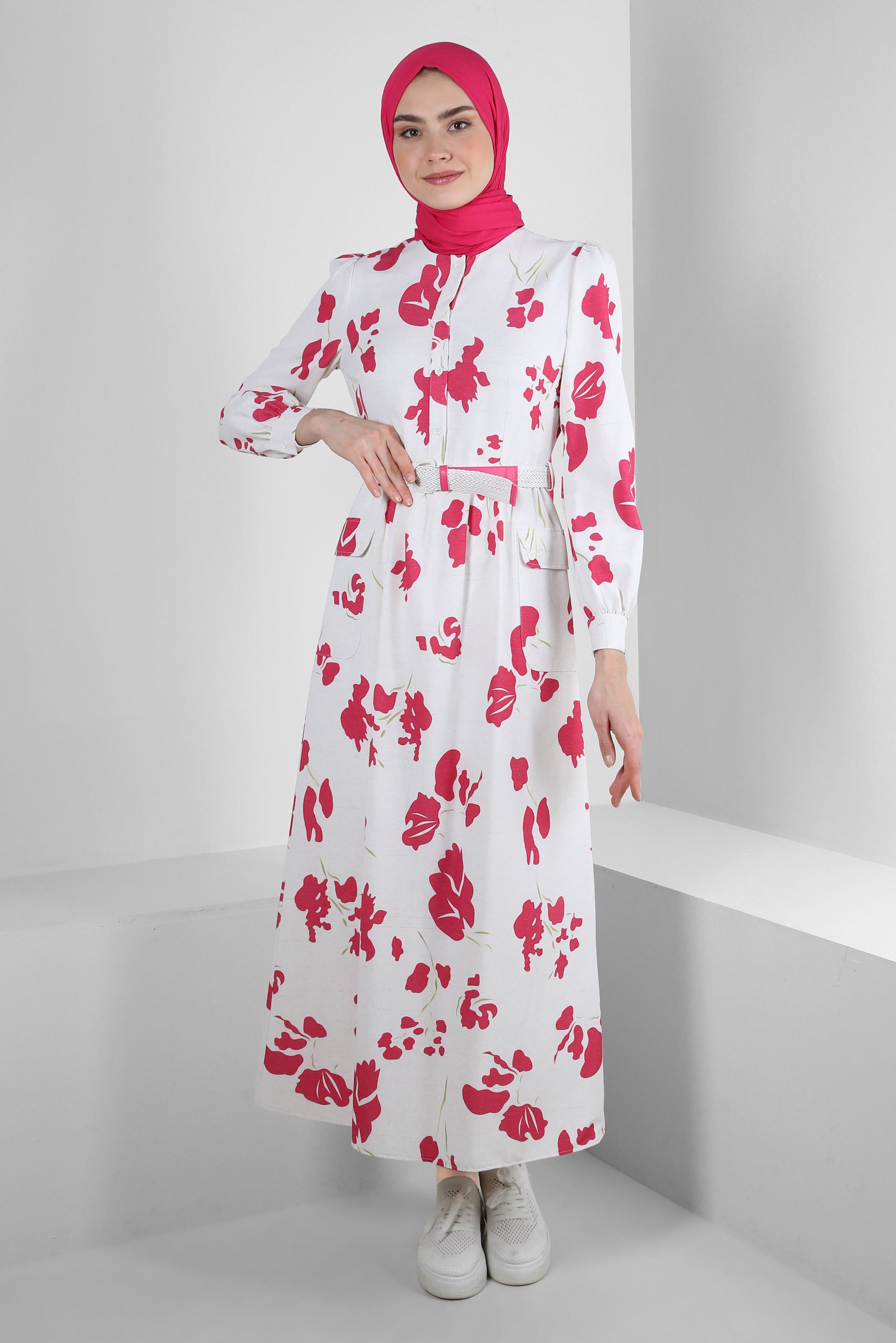 Tesettür giyim FUŞYA DESENLİ DÜĞME DETAYLI ELBİSE 43781