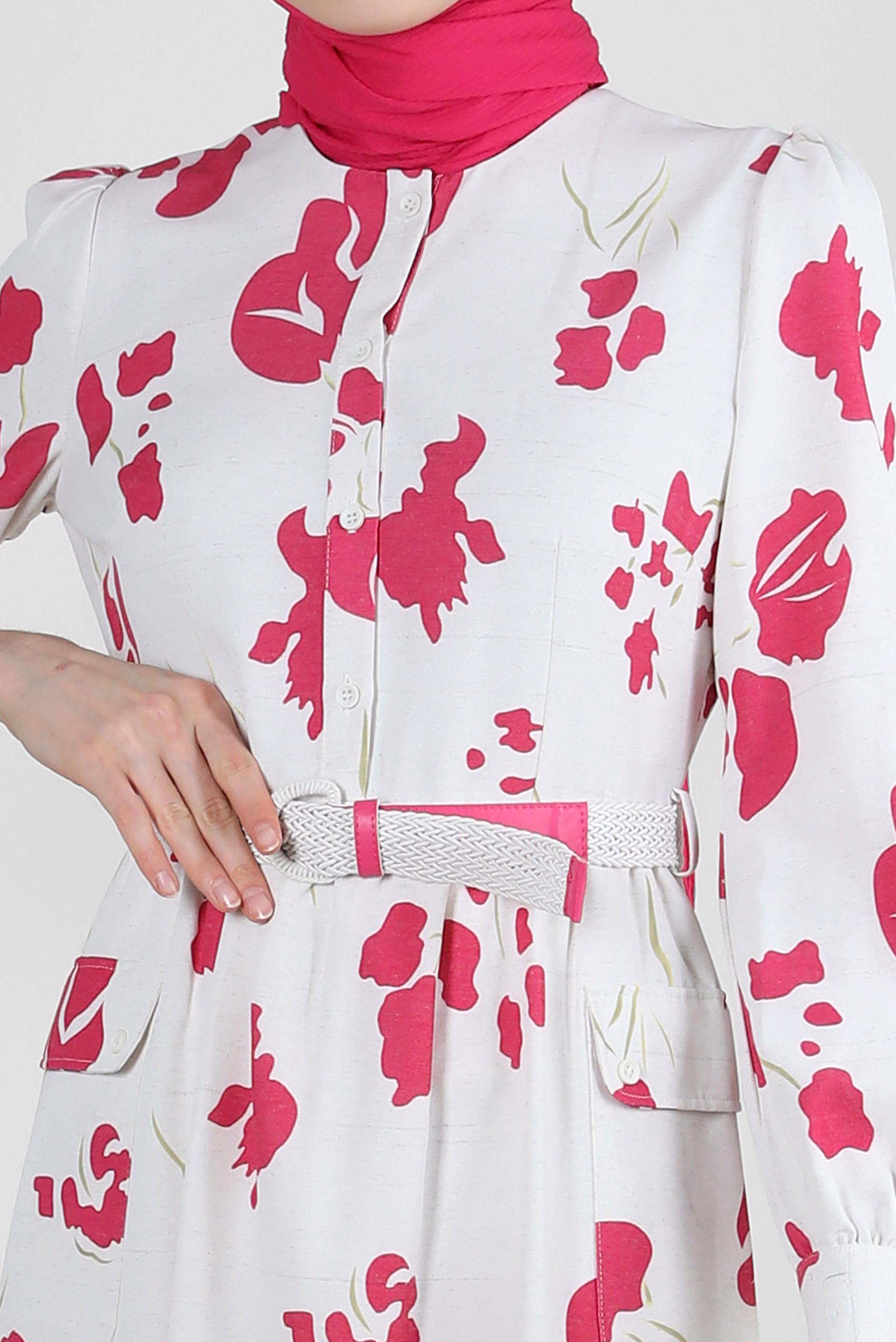 Tesettür giyim FUŞYA DESENLİ DÜĞME DETAYLI ELBİSE 43781