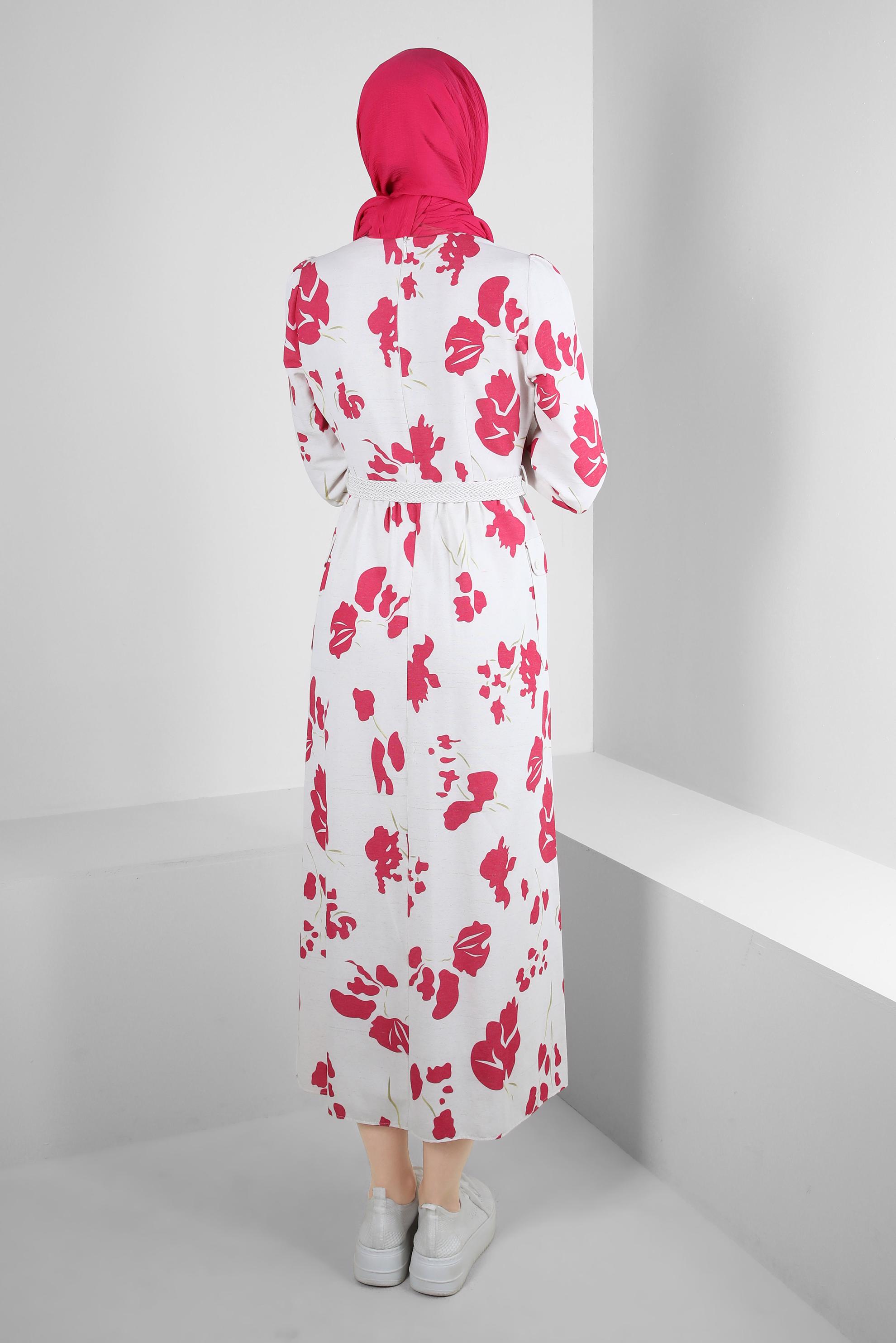 Tesettür giyim FUŞYA DESENLİ DÜĞME DETAYLI ELBİSE 43781