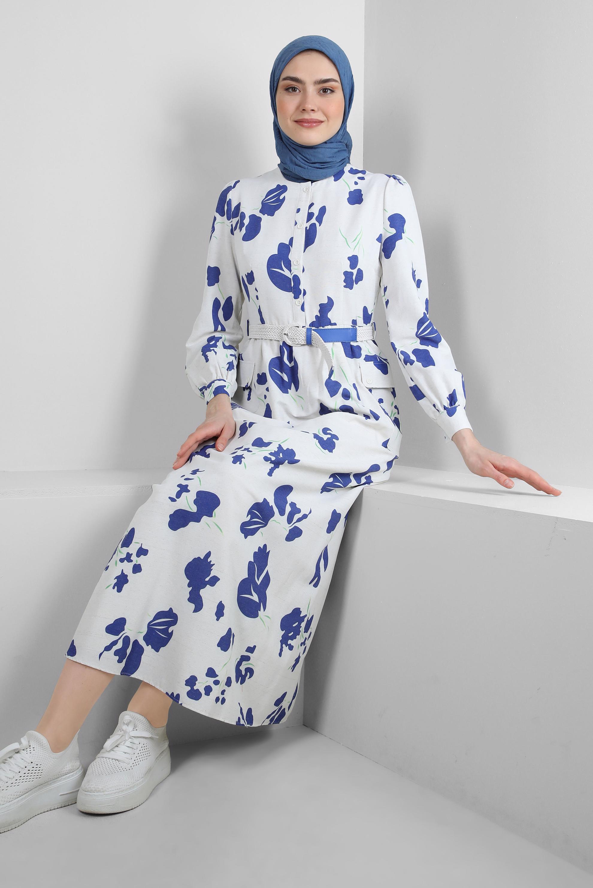 Tesettür giyim LACİVERT DESENLİ DÜĞME DETAYLI ELBİSE 43781