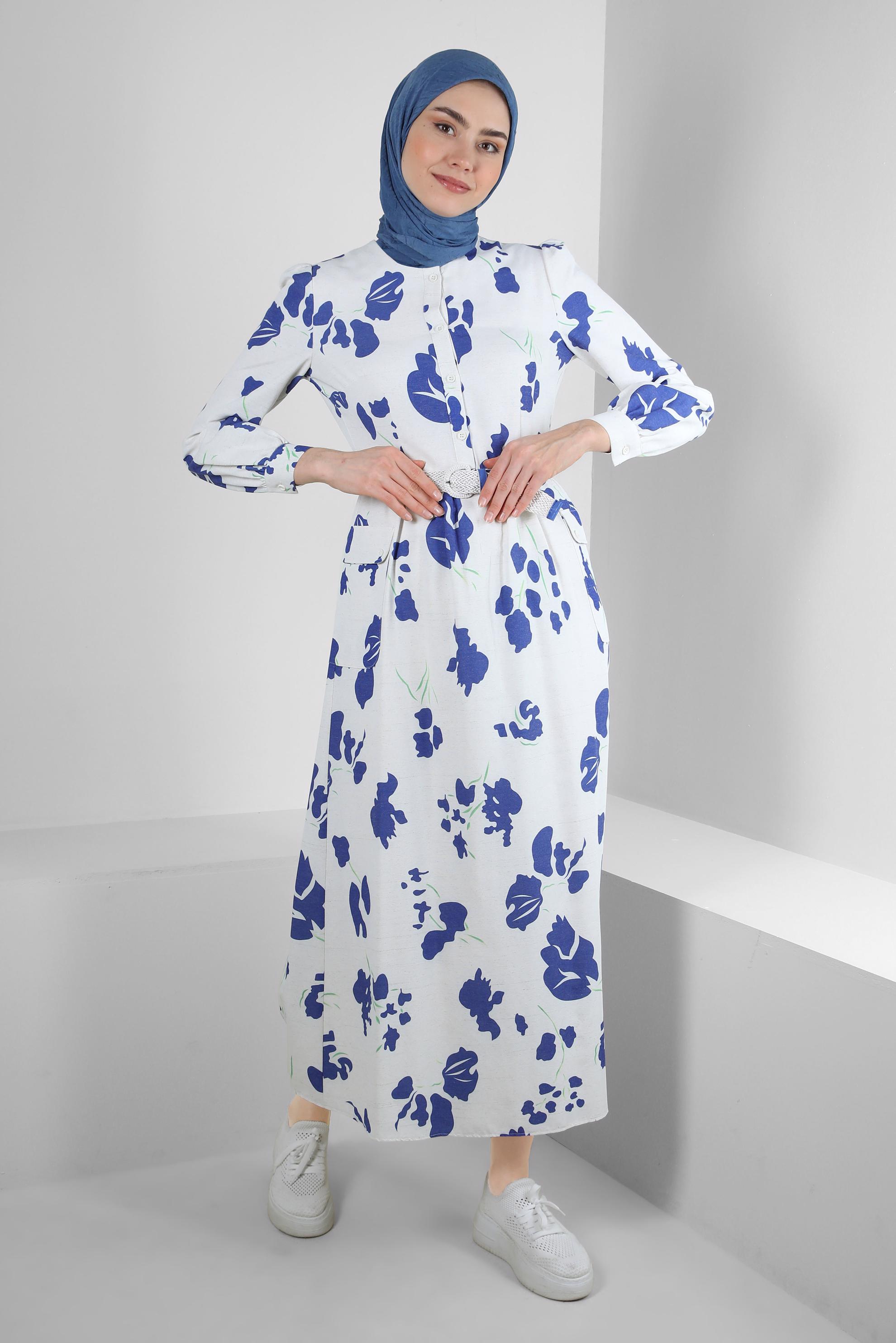 Tesettür giyim LACİVERT DESENLİ DÜĞME DETAYLI ELBİSE 43781