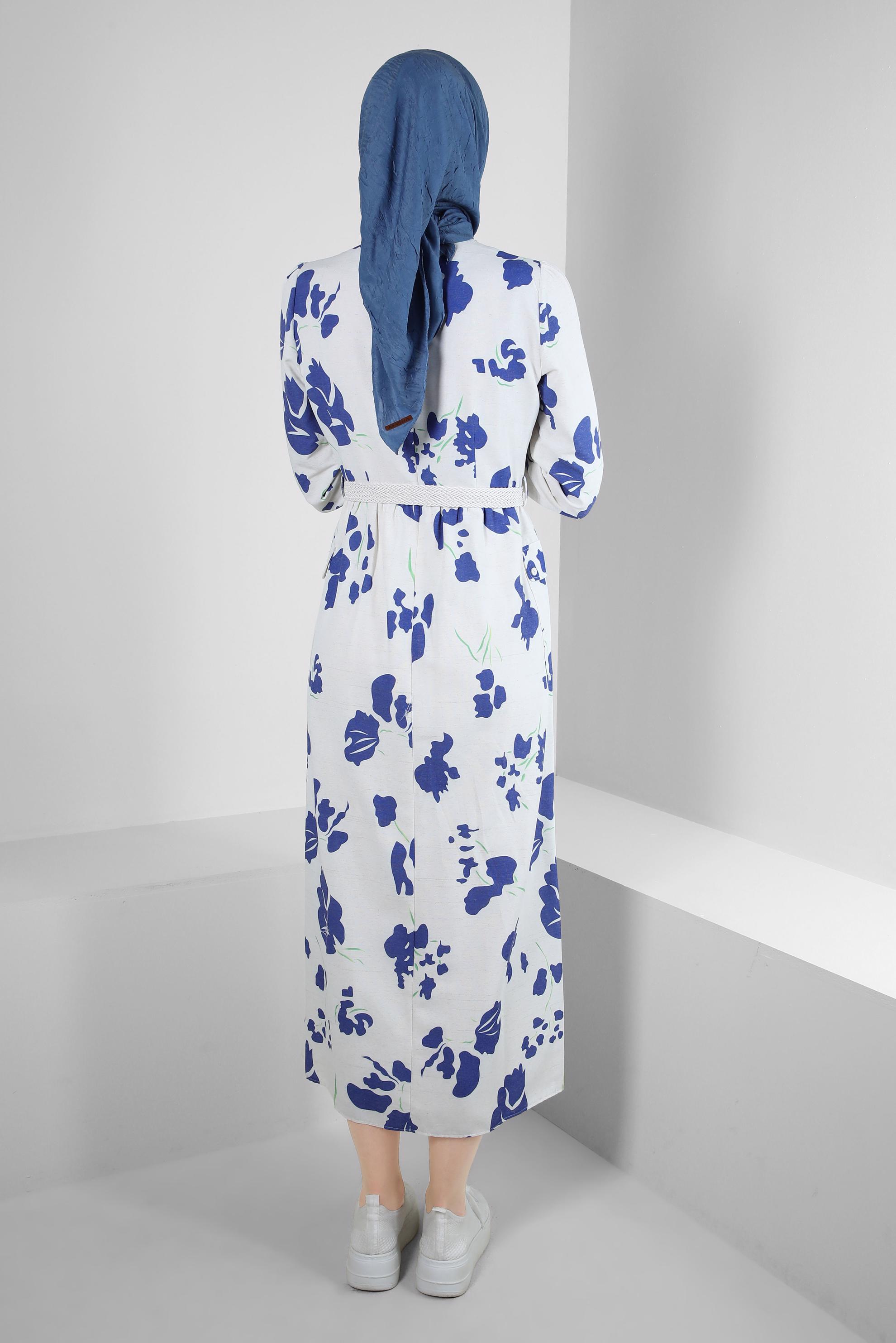 Tesettür giyim LACİVERT DESENLİ DÜĞME DETAYLI ELBİSE 43781