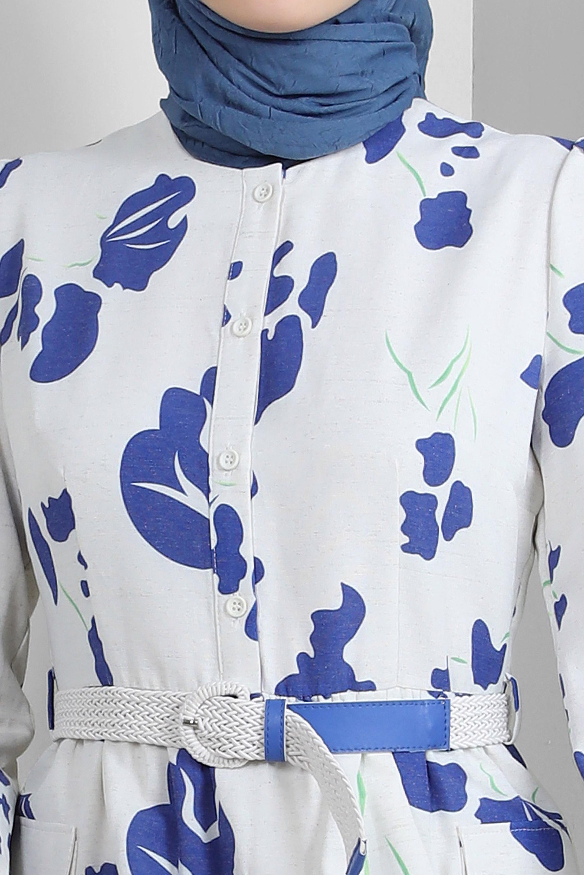 Tesettür giyim LACİVERT DESENLİ DÜĞME DETAYLI ELBİSE 43781