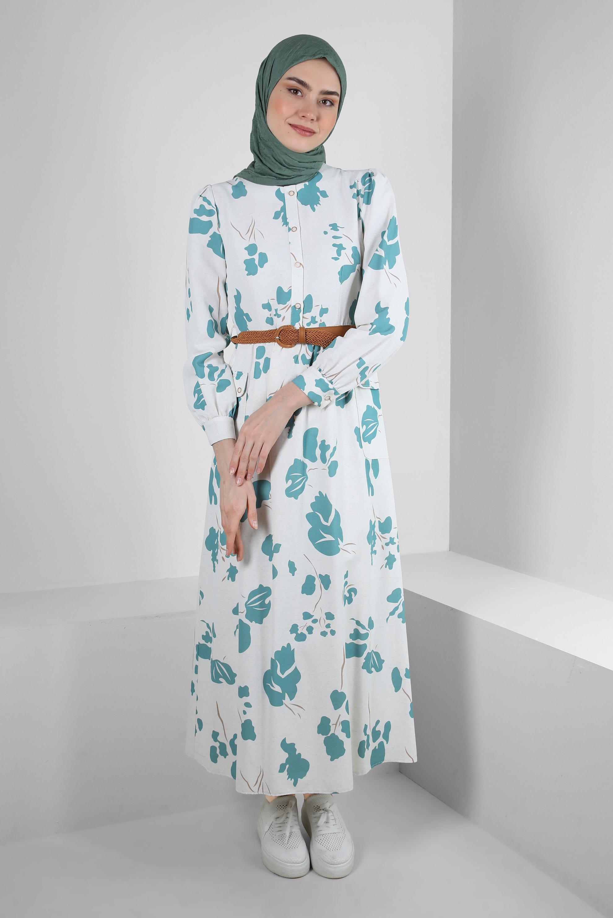 Tesettür giyim MAVİ DESENLİ DÜĞME DETAYLI ELBİSE 43781