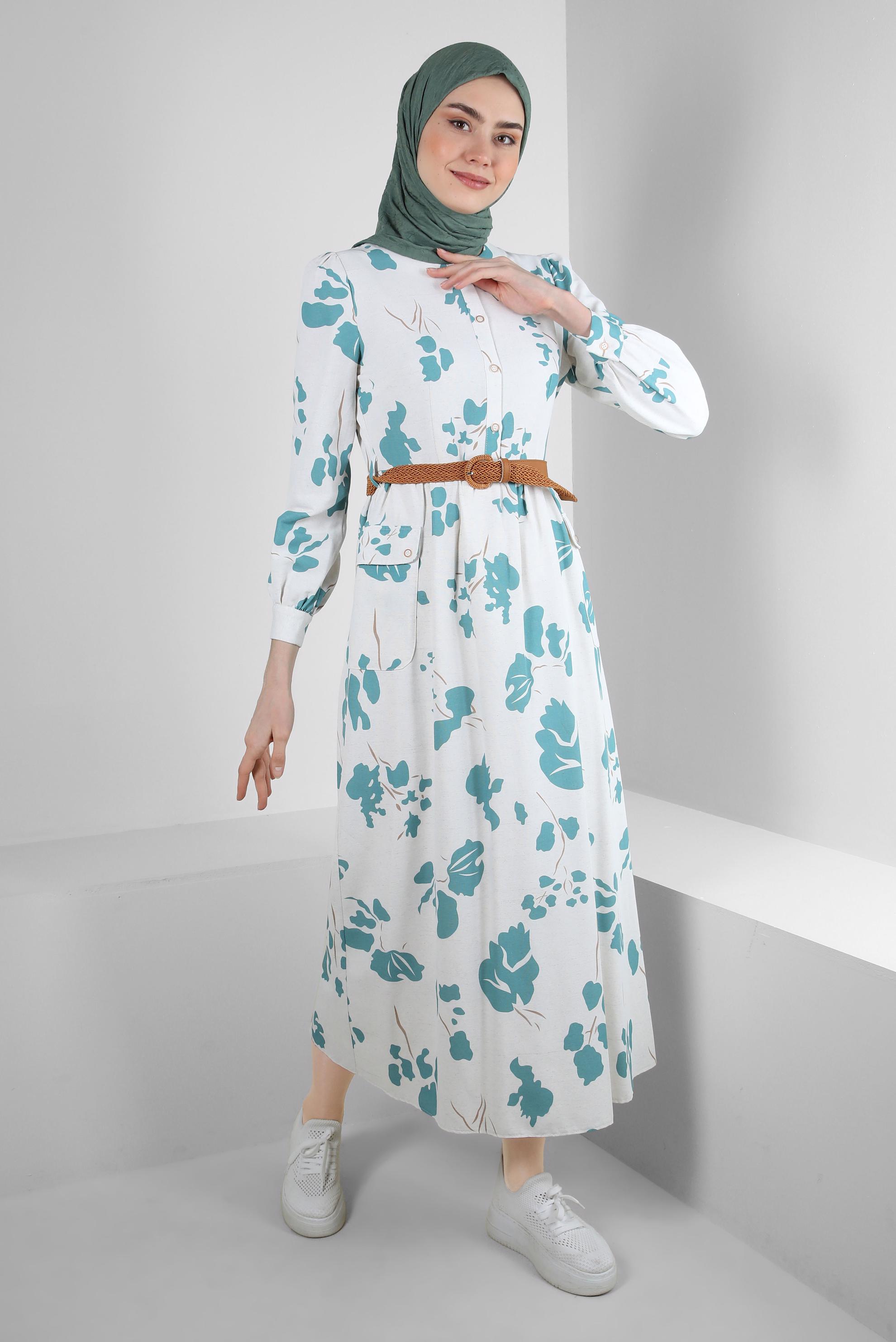 Tesettür giyim MAVİ DESENLİ DÜĞME DETAYLI ELBİSE 43781