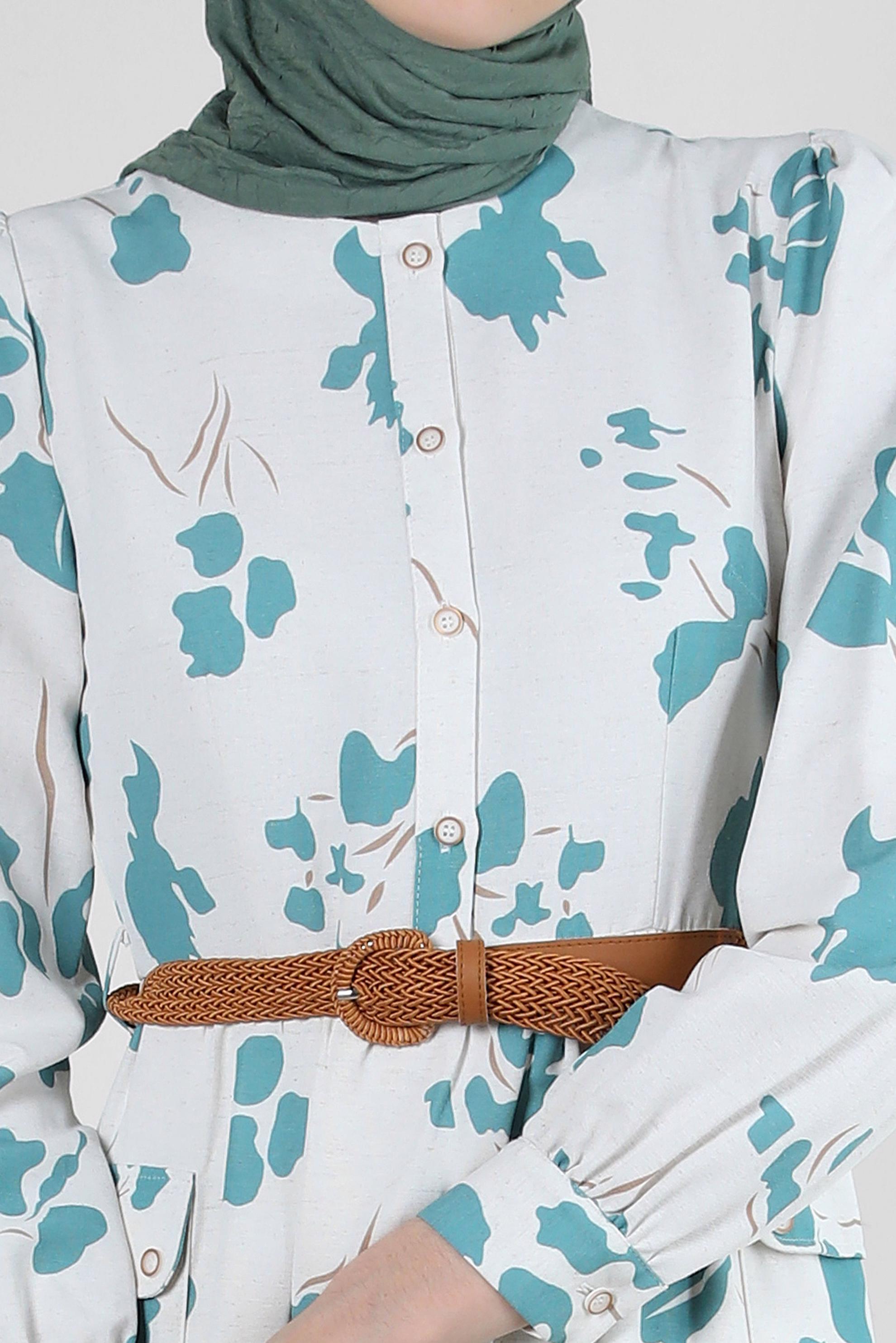 Tesettür giyim MAVİ DESENLİ DÜĞME DETAYLI ELBİSE 43781