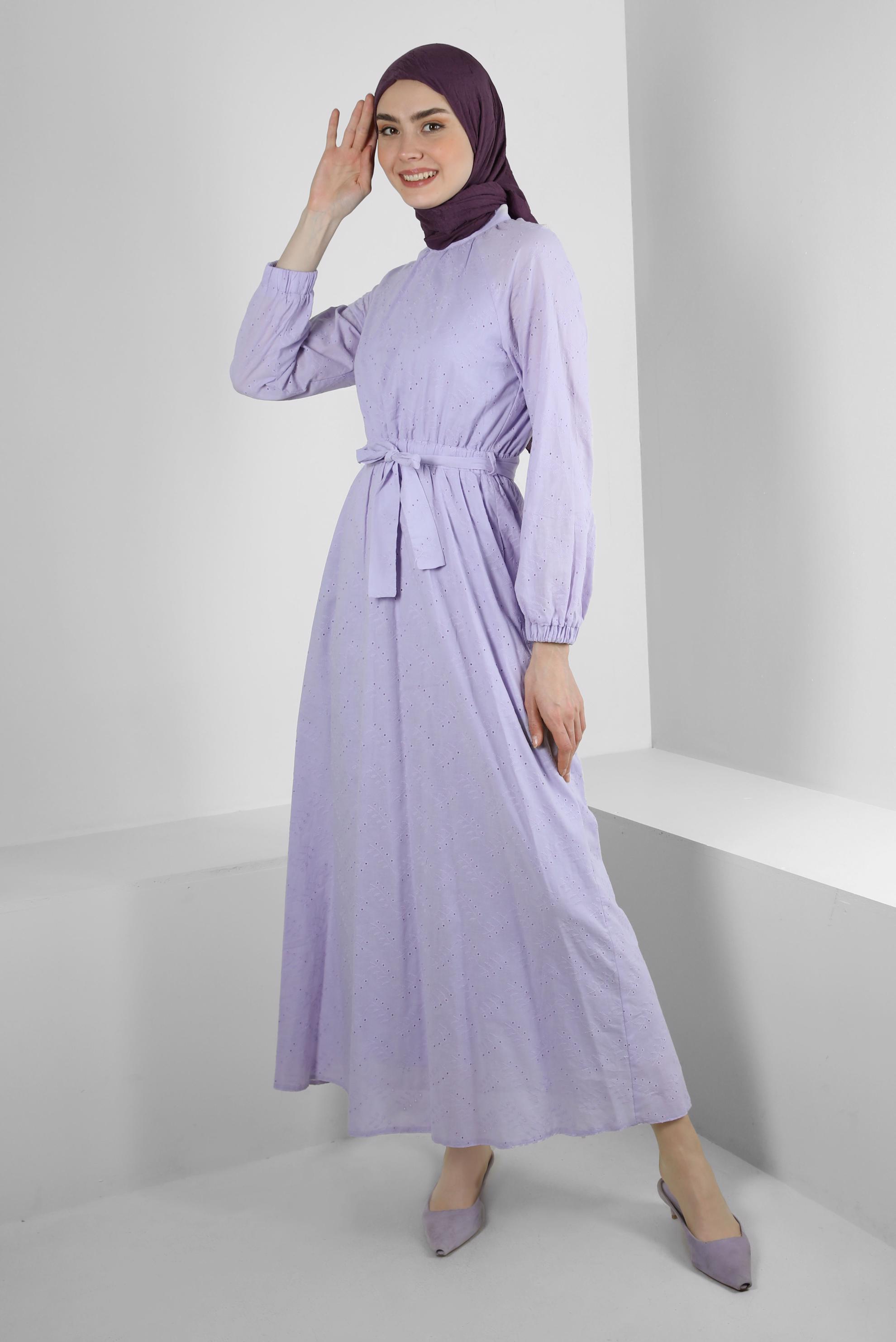 Tesettür giyim MOR BELİ BÜZGÜLÜ KUŞAKLI ELBİSE 43821
