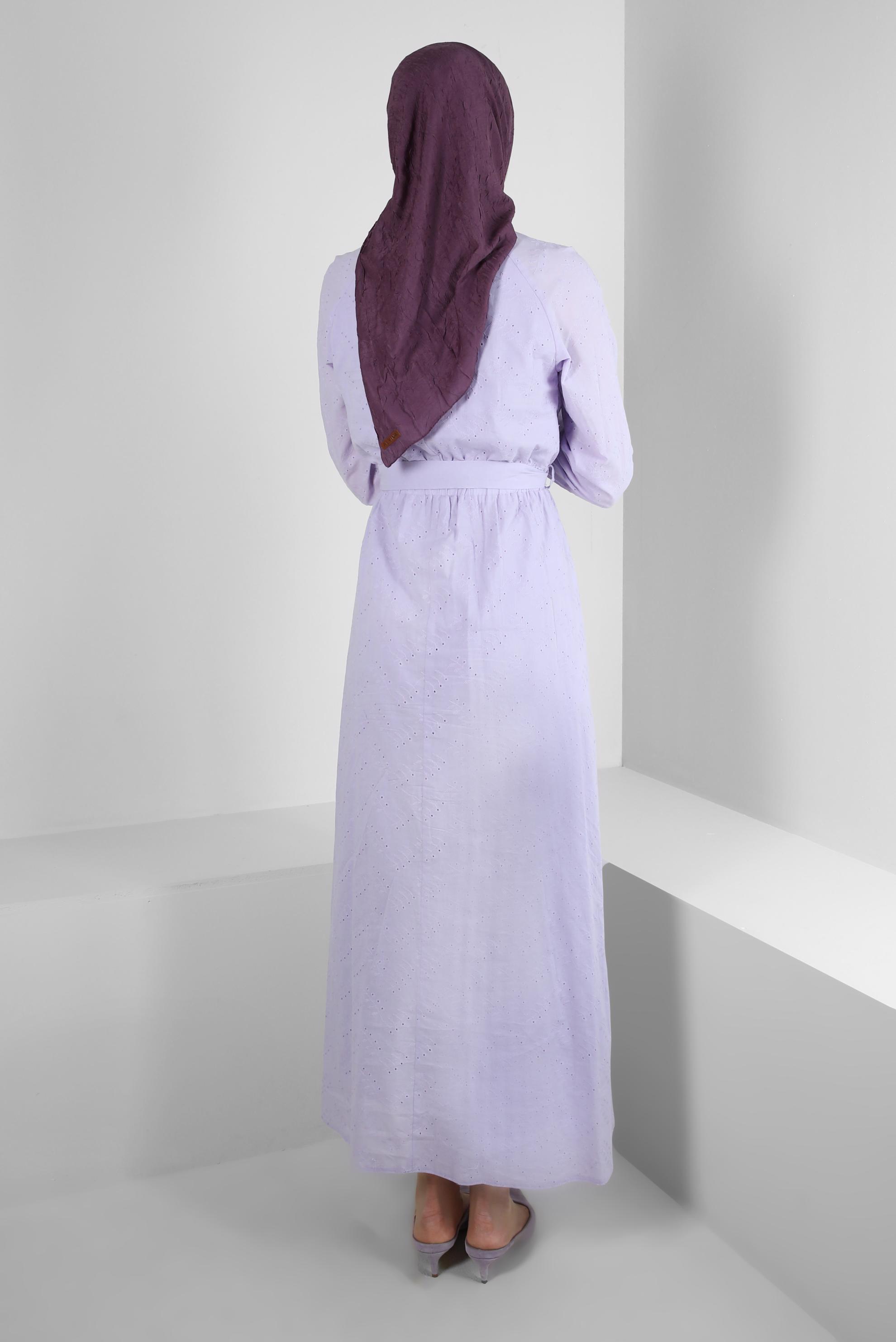 Tesettür giyim MOR BELİ BÜZGÜLÜ KUŞAKLI ELBİSE 43821