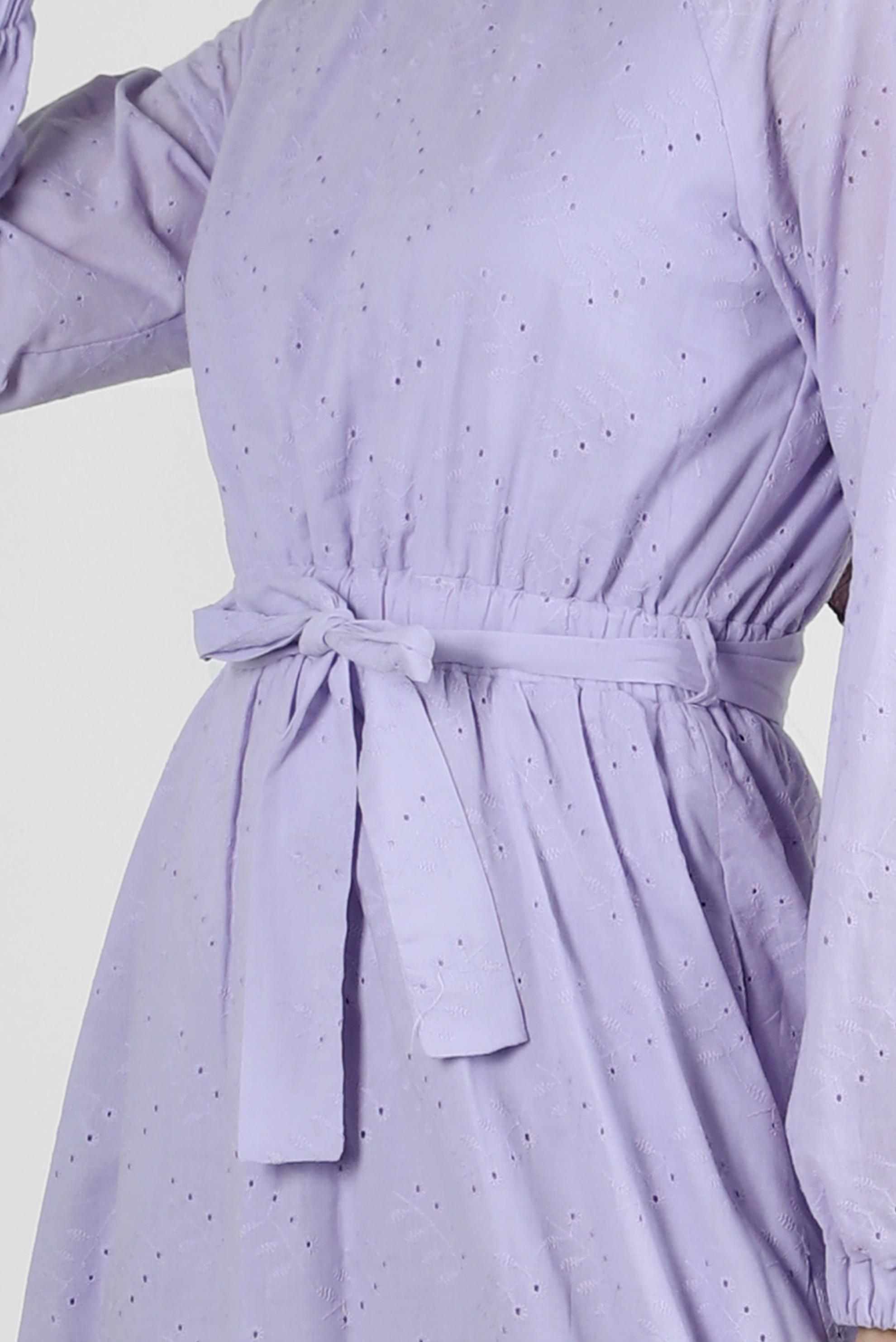 Tesettür giyim MOR BELİ BÜZGÜLÜ KUŞAKLI ELBİSE 43821