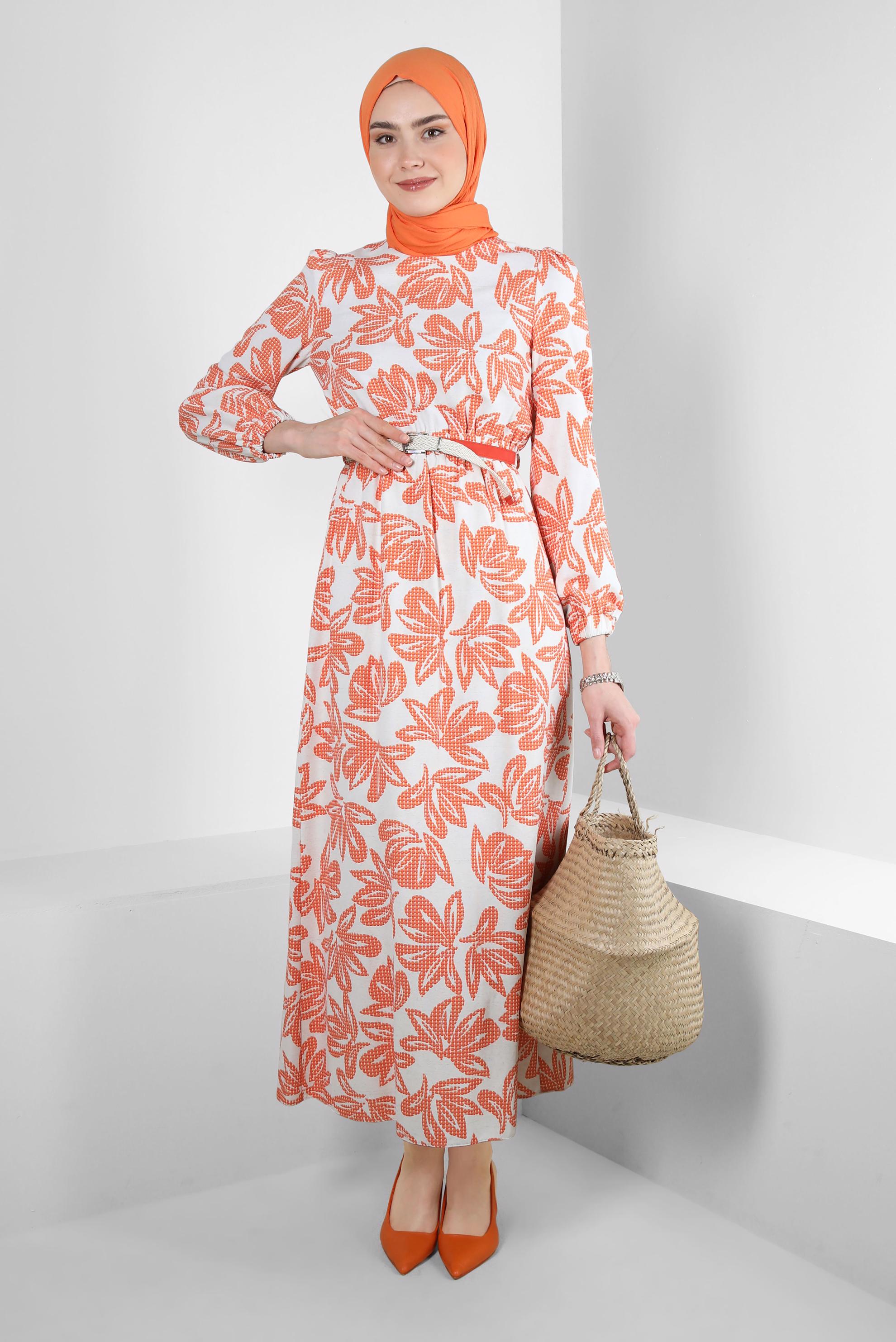 Tesettür giyim TURUNCU ÇİÇEK DESENLİ BELİ LASTİKLİ KEMERLİ ELBİSE 43822
