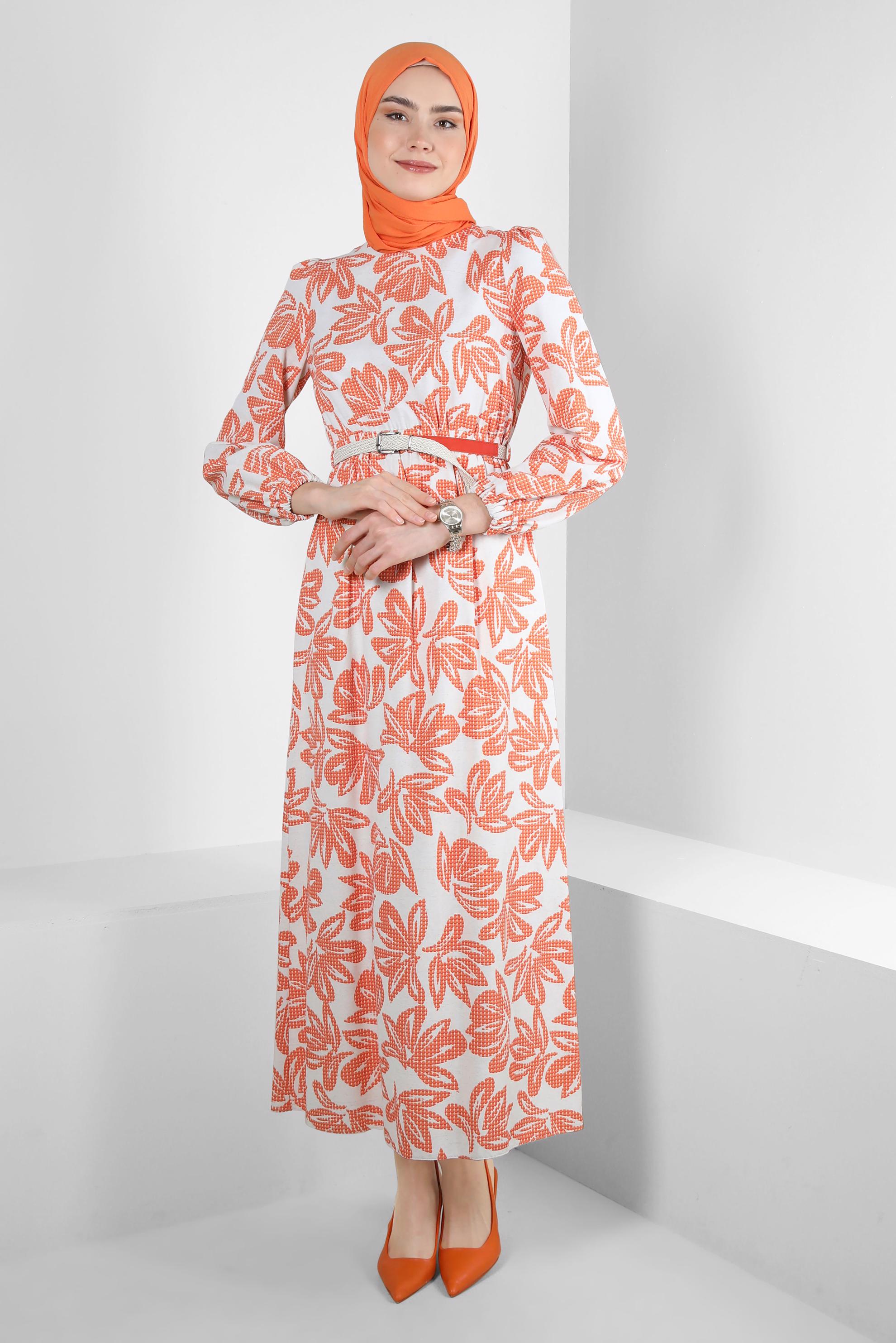 Tesettür giyim TURUNCU ÇİÇEK DESENLİ BELİ LASTİKLİ KEMERLİ ELBİSE 43822