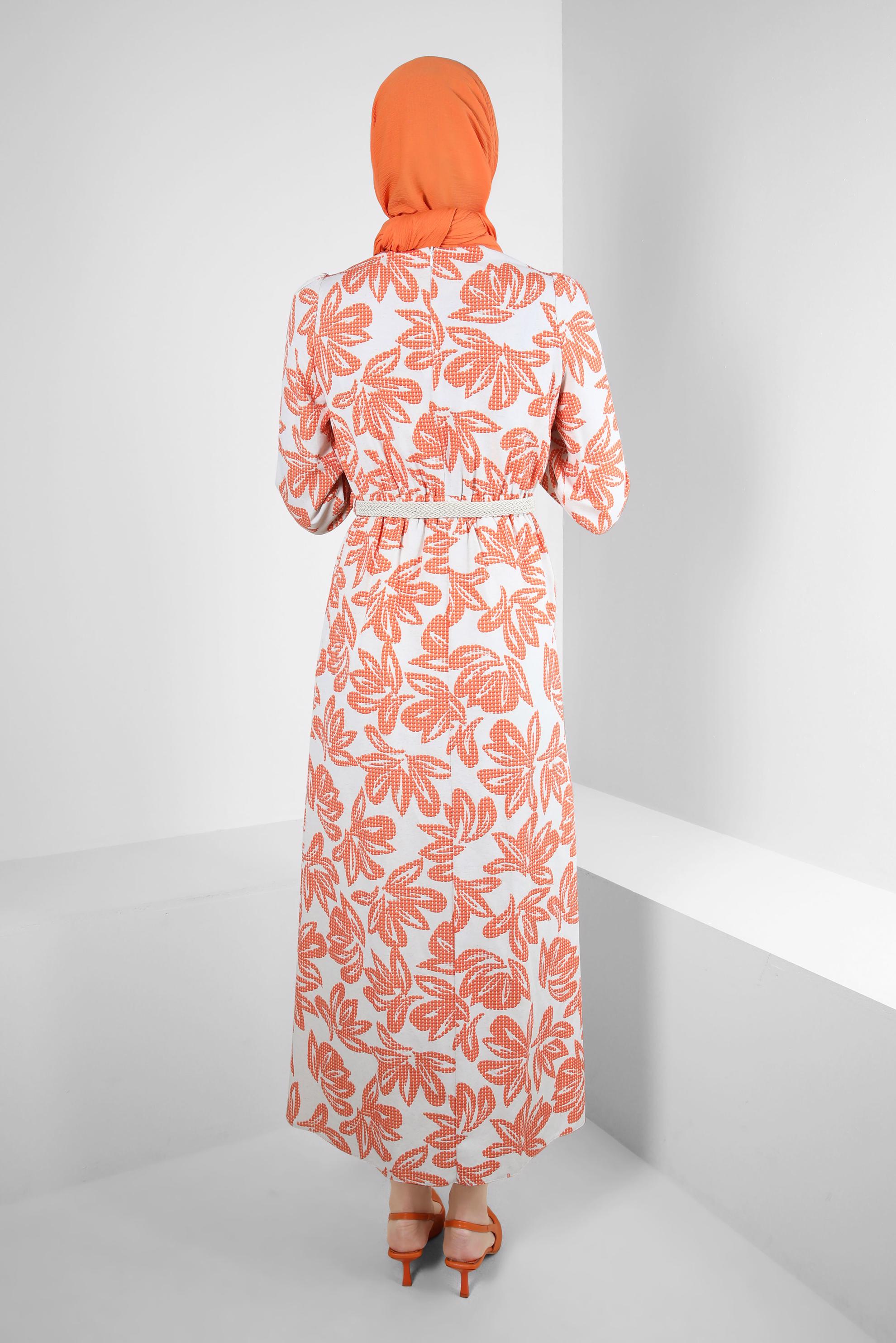 Tesettür giyim TURUNCU ÇİÇEK DESENLİ BELİ LASTİKLİ KEMERLİ ELBİSE 43822